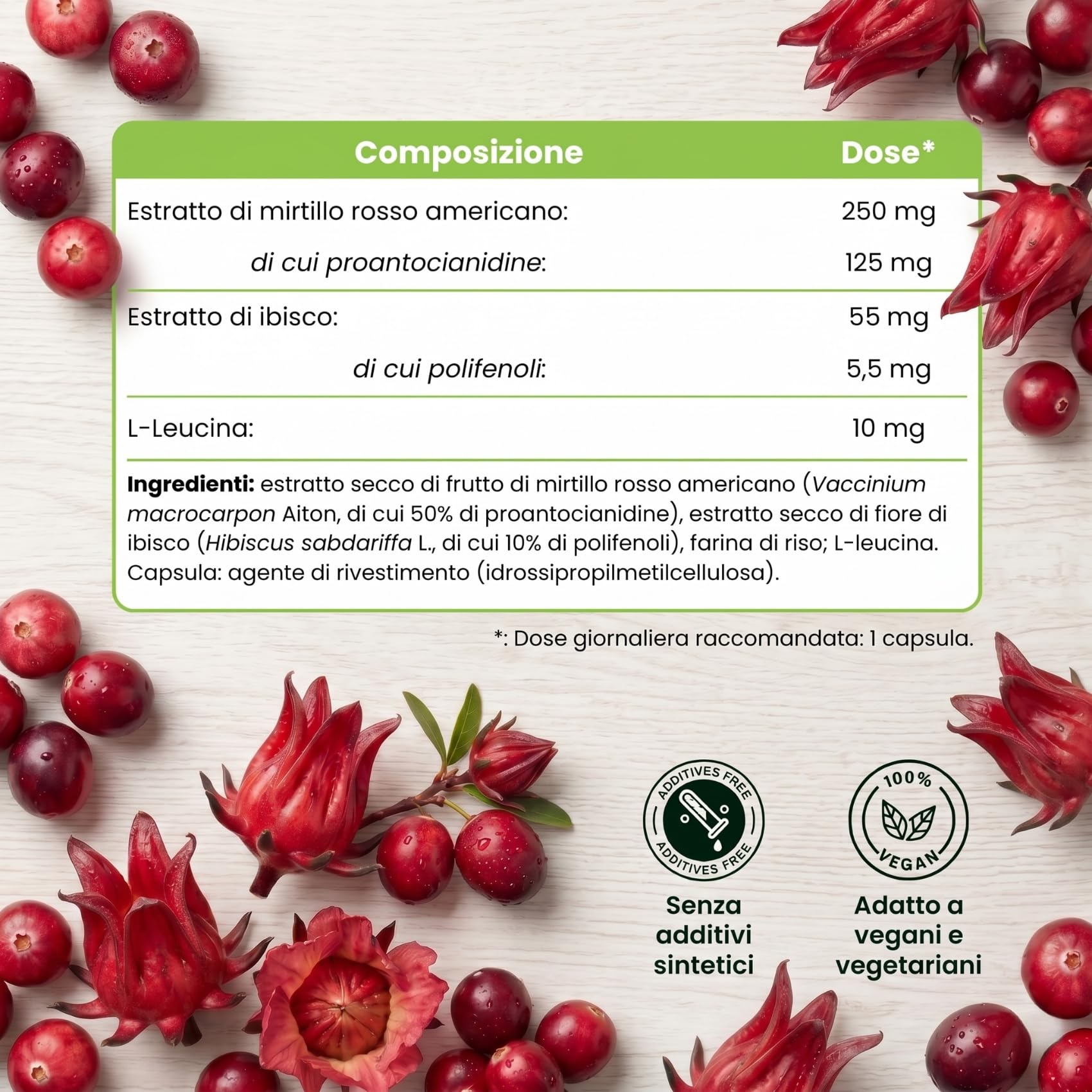 Mirtillo Rosso Americano Cranberry con Ibisco 125 mg di PAC Proantocianidine - Vie Urinarie - 190 Capsule - Senza Additivi +6 Mesi | Uritractin Nutribiolite