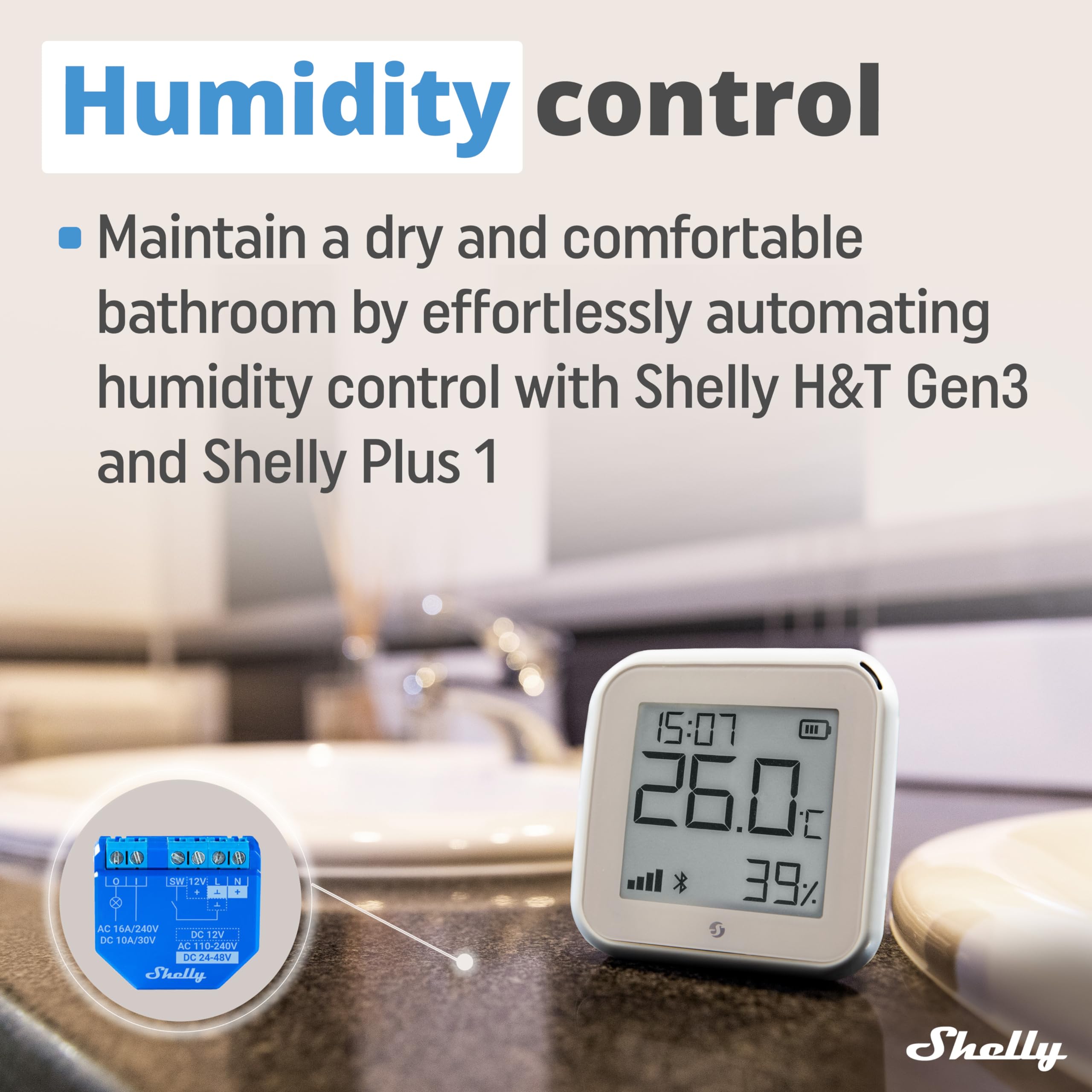 Shelly H&T Gen3 Avorio, Sensore Smart Wi-Fi di Temperatura e Umidità, Controllo e Monitoraggio da Remoto, Scene Intelligenti Termometro e Igrometro, Nessun Hub Richiesto, Alexa & Google Home