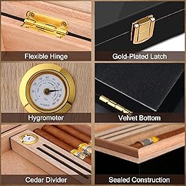 Bald Eagle High Gloss Cigar Humidor Cigar Box for 10-15 Cigars, Real Solid Spanish Cedar Wood, Luxury Hygrometer and Humidifier, Desktop Humidors Gloss Black