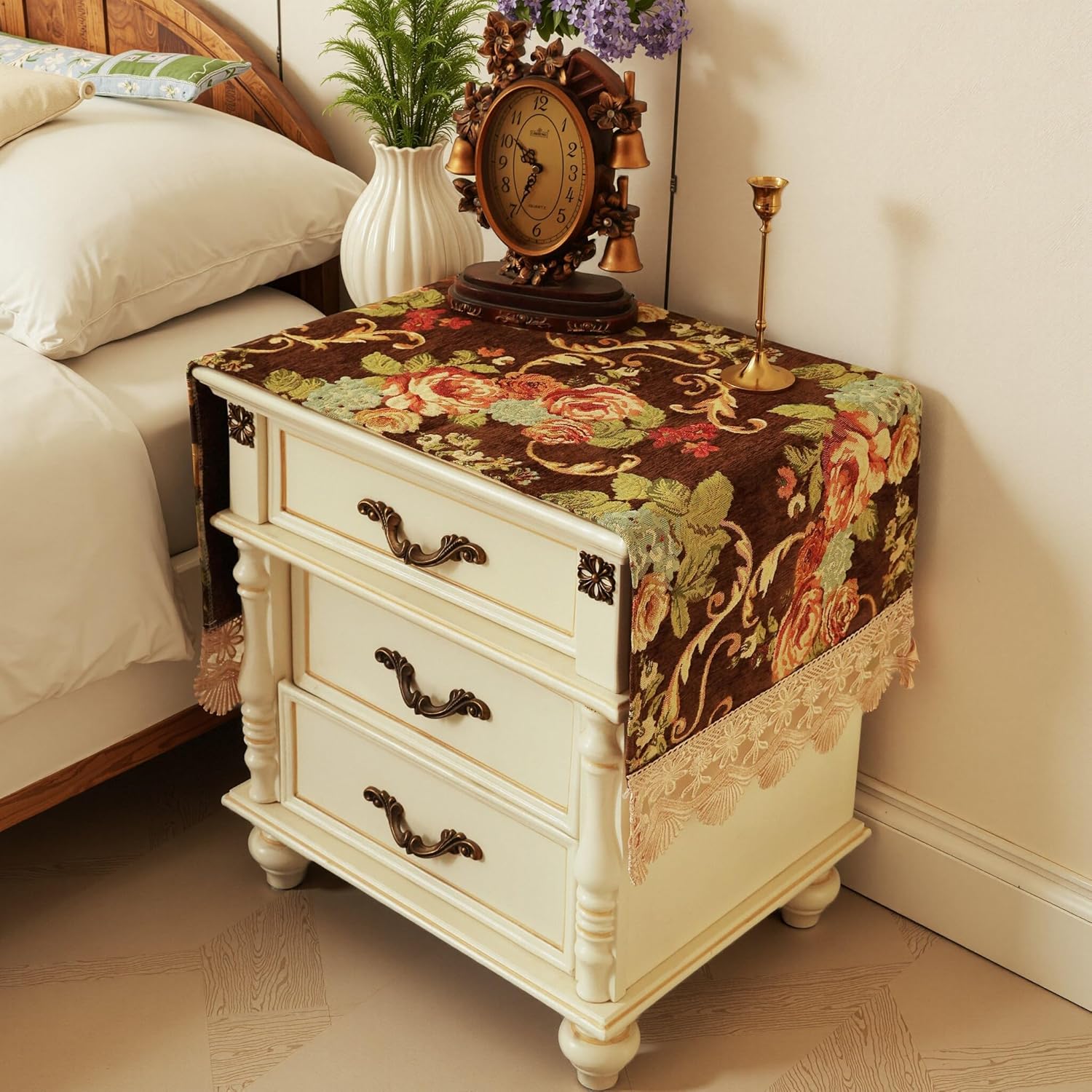Nightstand Cover:Luxe Palace Garden Chenille Table Protector with Lace, Vintage Floral Embroidery Dresser Cover for End Table/Bedroom, Machine Washable(Fhsjz Brown Floral,51.2" L x 15.7" W)