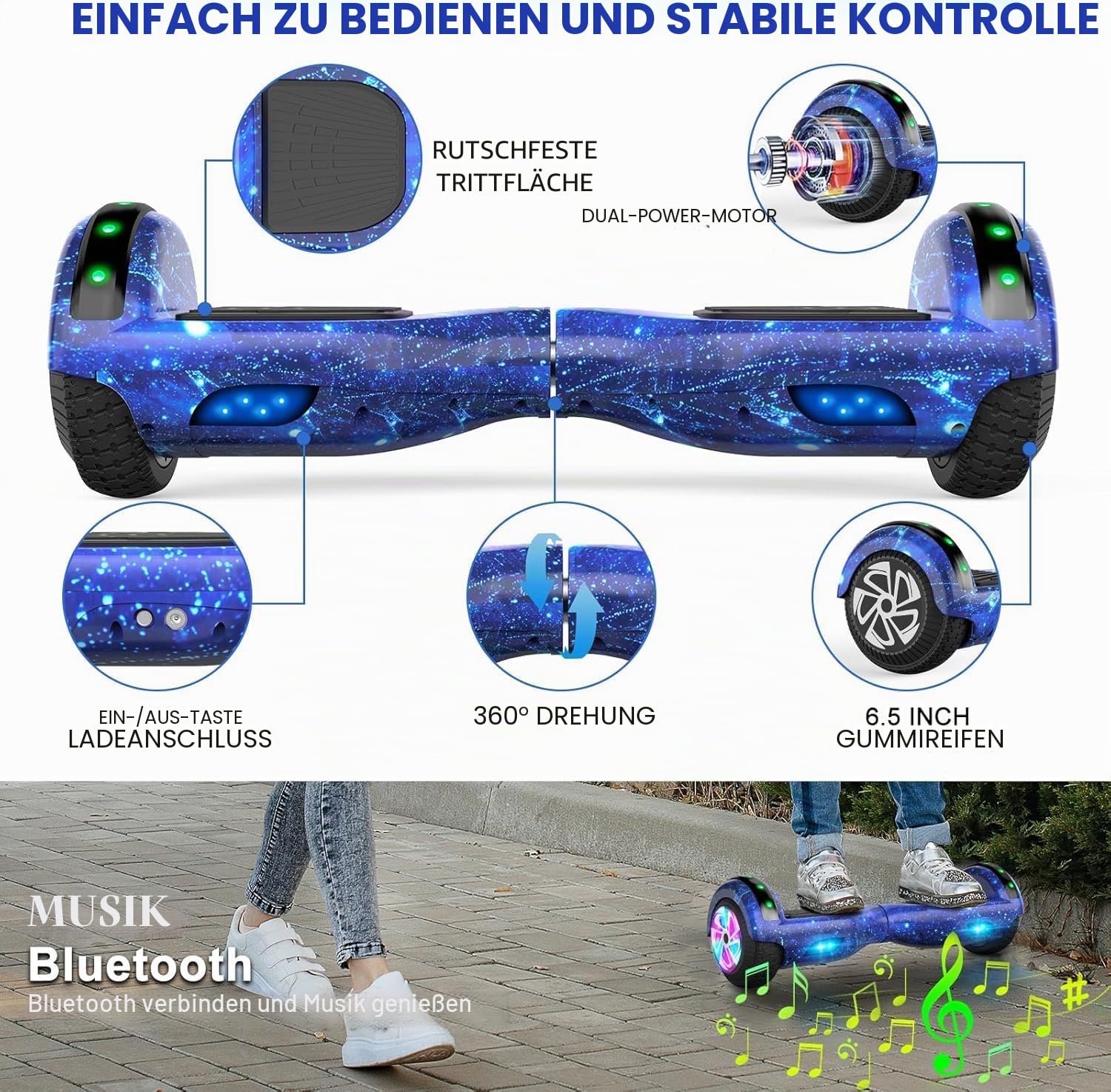 SISIGAD Hoverboard mit sitz, 6.5" Self Balancing Bluetooth-Lautsprechern LED-Lichtern für Kinder und Erwachsene, Starry Sky Blue