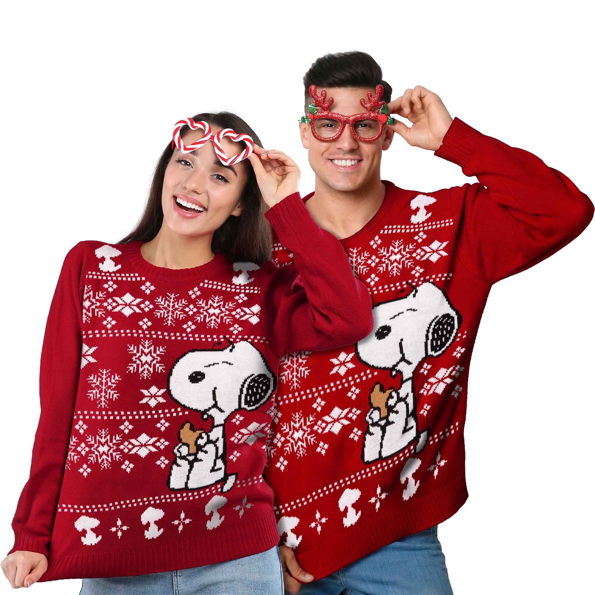 The Peanuts Jersey de Invierno Unisex – Snoopy Winter Strick Jersey Sudadera Ugly Sweater para Hombre y Mujer, Rojo