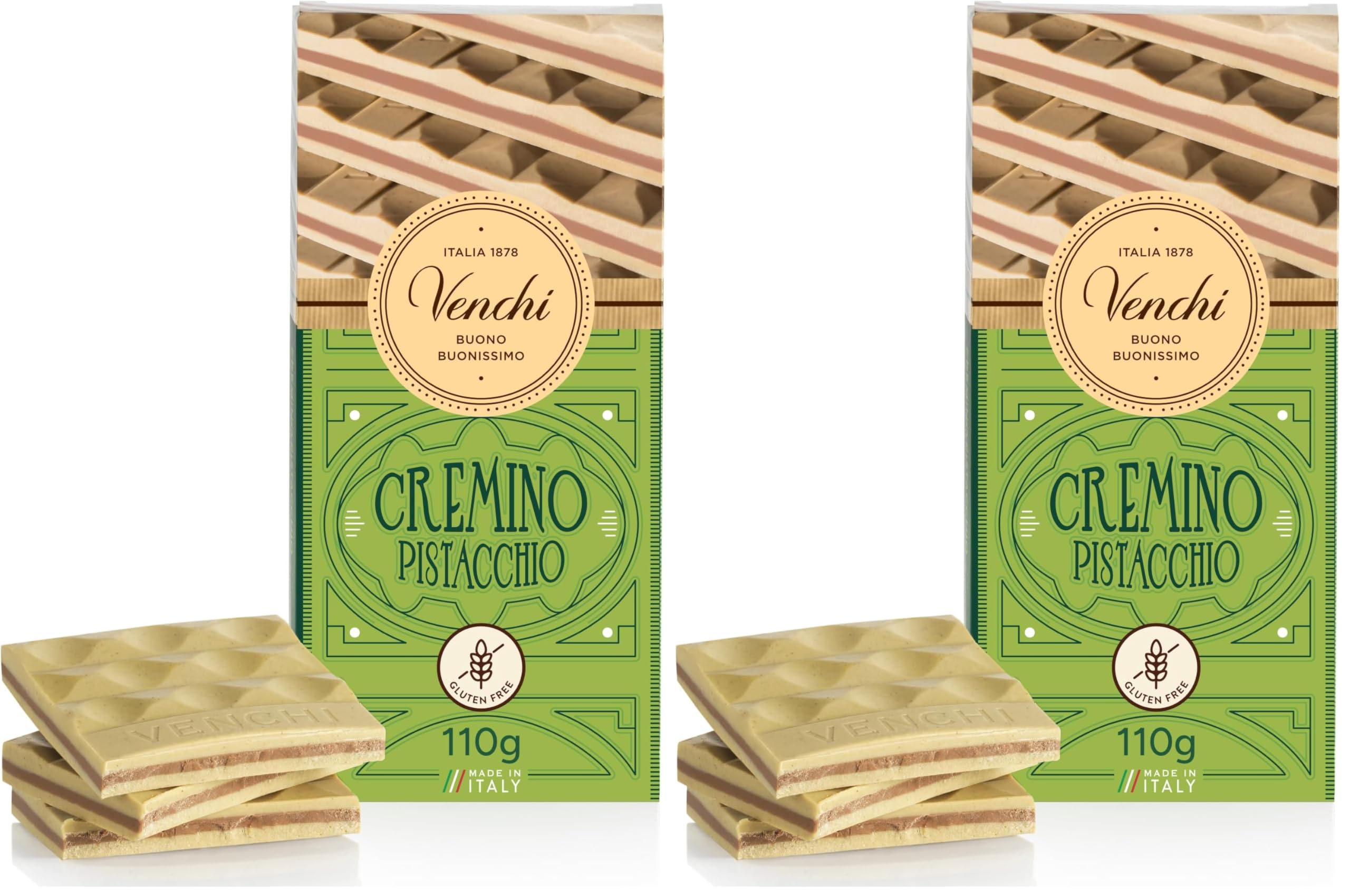 Venchi Pistachio Cremino Bar 110g - Milk Chocolate, White Chocolate with Pistachio Paste- Gluten Free (Pack of 2)