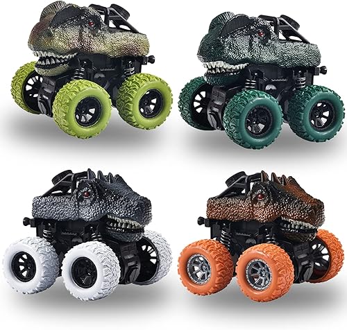 Camión de dinosaurio de juguete para niños, paquete de 4 vehículos de tracción para niños pequeños, rotación de 360, 4 ruedas, juguetes duraderos