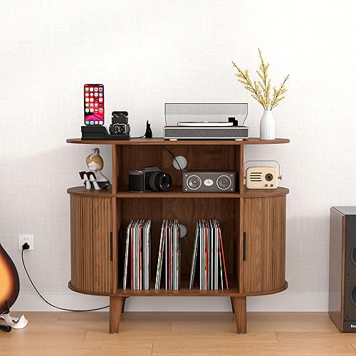 Miniatura 3 de Soporte redondo para tocadiscos, mesa de tocadiscos de mediados de siglo, estante para tocadiscos de vinilo con salida de corriente, gabinete de