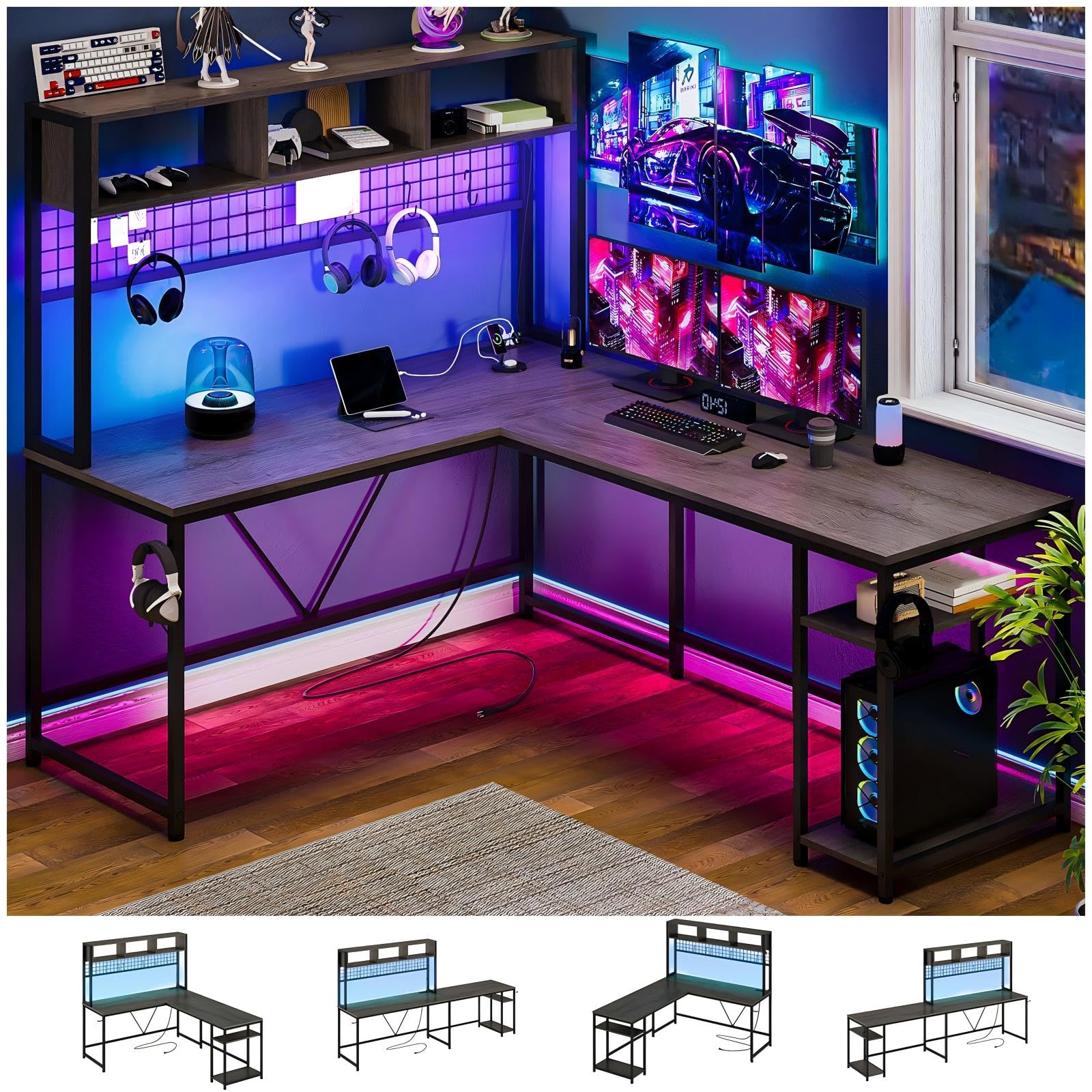 Simple Espacio Desk Gris L Escritorio Gamer 240cm, Reversible