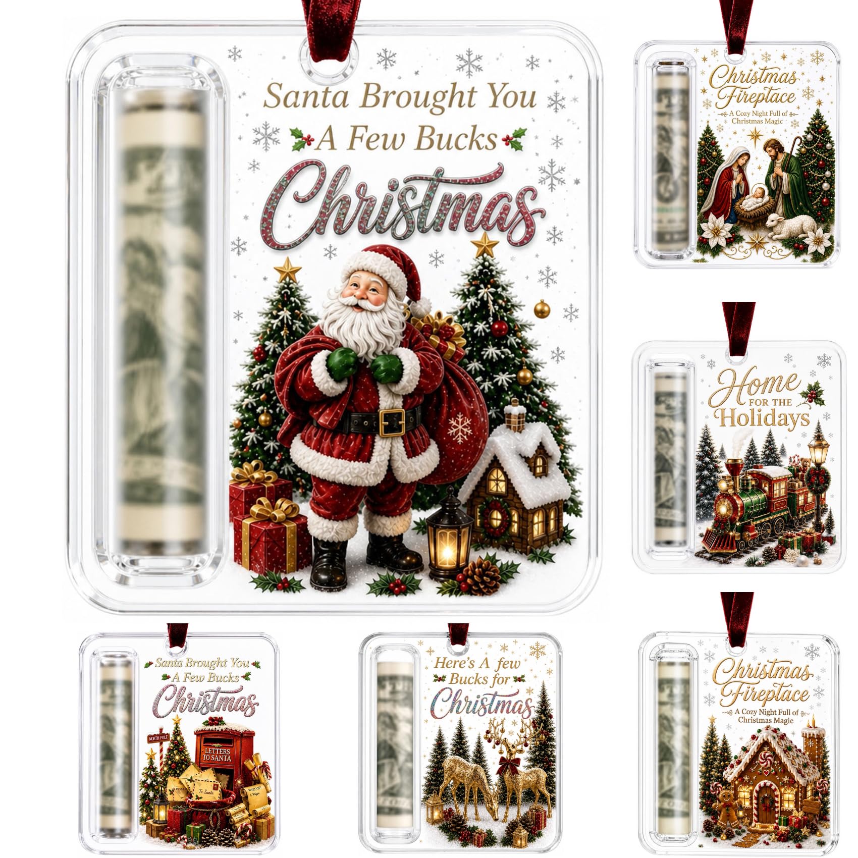 6Pcs Christmas Cash Gift Holder Ornament, Funny Hanging Xmas Tree Decor, #F