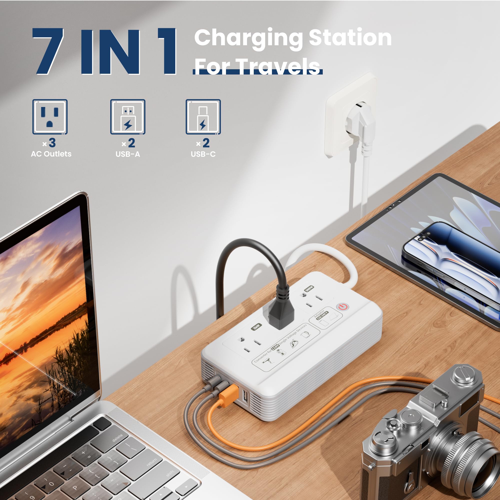 Mapambo Convertidor de voltaje de 2000 W de EE. UU. a Europa, convertidor 7 en 1 para viajes europeos para secador de pelo, hervidores, cafeteras, etc. Convertidor de 220 V a 110 V para viajes