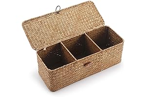 DECRAFTS Seagrass Storage Basket with Lid Rectangular Small Woven Shelf Baskets with...