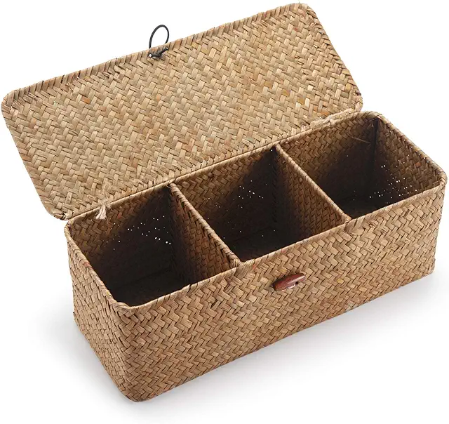 DECRAFTS Seagrass Storage Basket with Lid - Small Woven Organizer with Sections