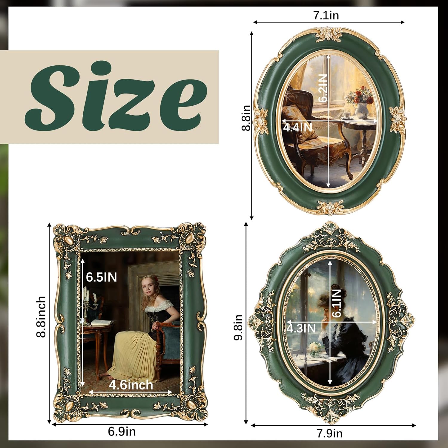 3 Pcs Green Vintage Picture Frame Set Oval Picture Frames Antique Photo Ornate Frames with Glass Front Photo Display Tabletop Gift Wall Hanging Art(Antique Style)