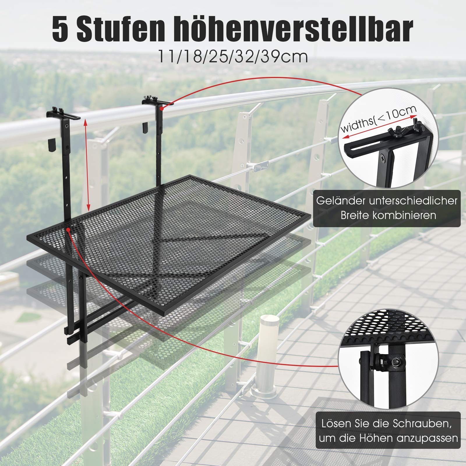 COSTWAY Składany stół balkonowy, wiszący, 5-stopniowa regulacja wysokości, z metalu, prostokątny, nośność 20 kg, 60,5 x 40,5 cm
