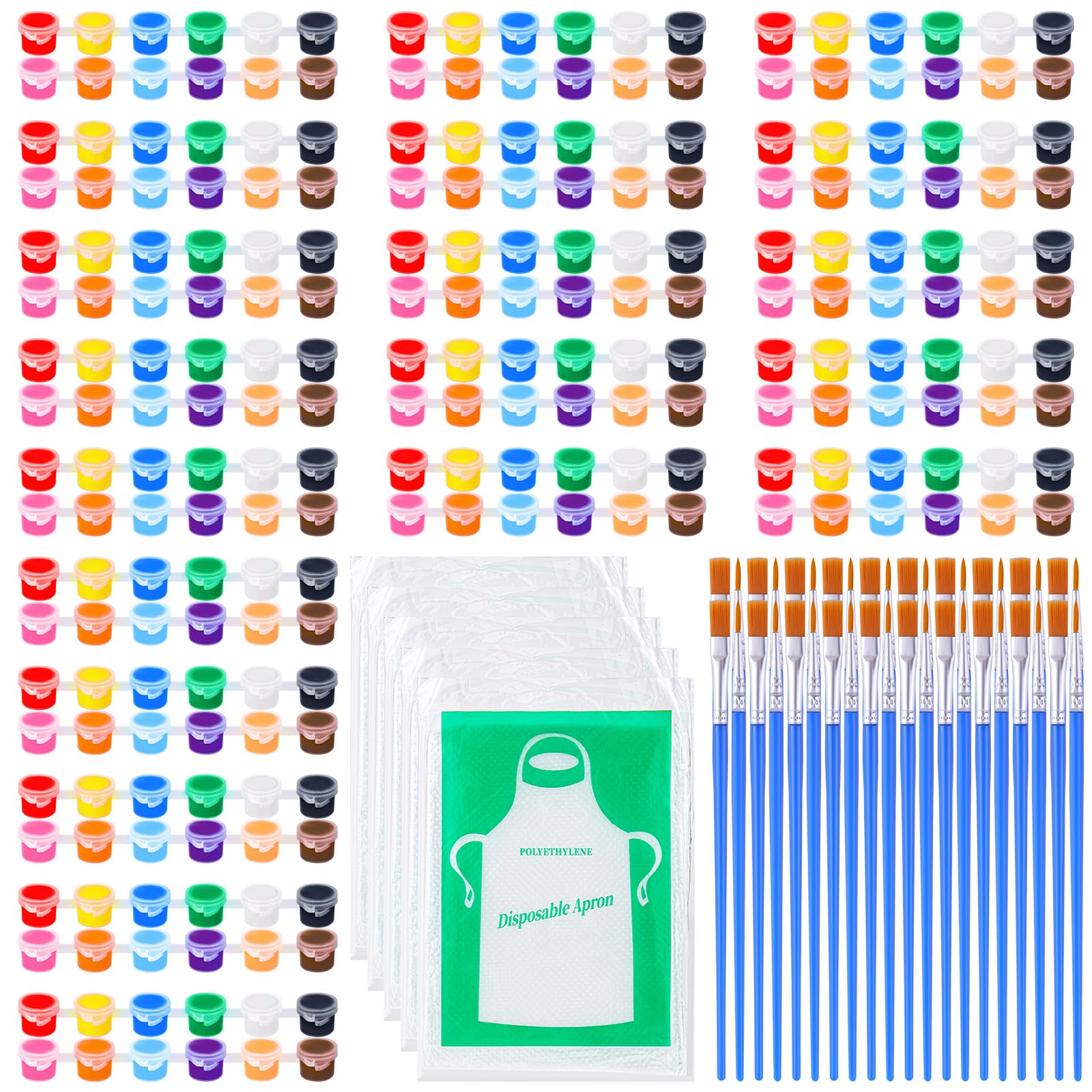 DERTE 20 Pack Mini Acrylic Paint Pot, 12 Color Gouache Watercolor Paint Strips Includes 40 PCS Painting Brushes 50 PCS Clear Disposable Aprons Kids Paint Set for Home Classroom Party Favors
