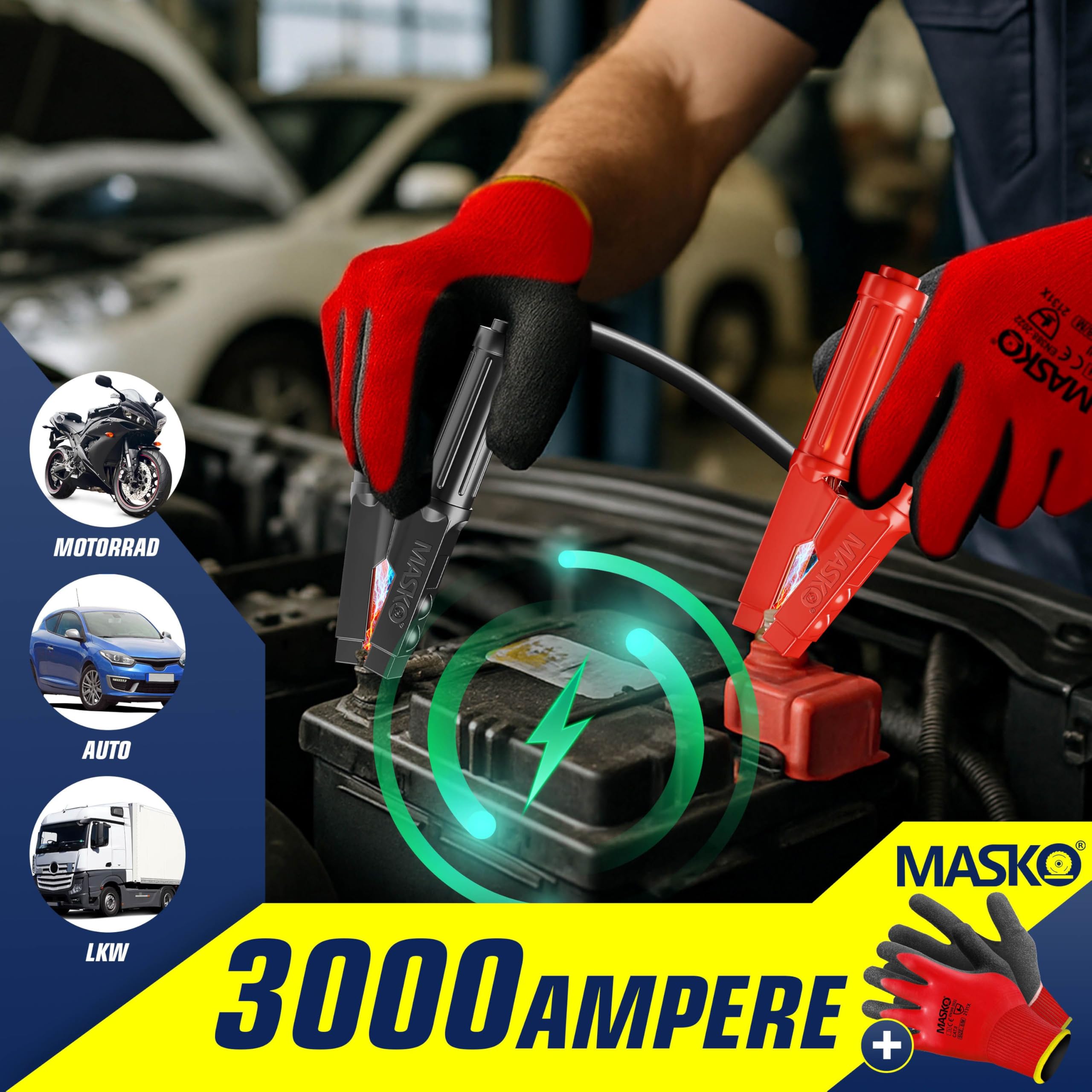 MASKO Câbles De Démarrage Cuivre 6/12/24V 3000A 2x6m 50mm² Avec Gants Et Sac - Essence & Diesel