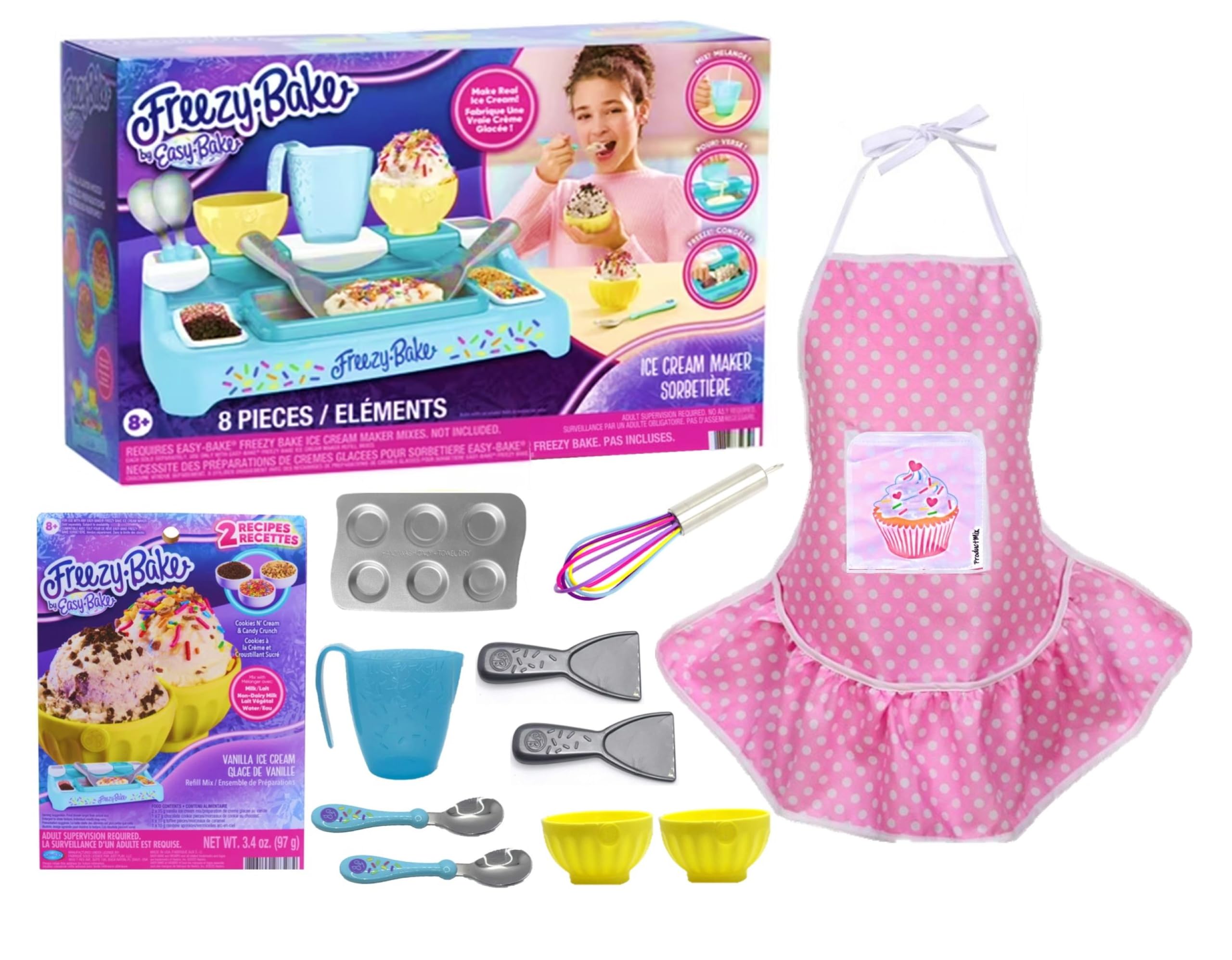 easy bake freezy bake ice cream maker with freezing tray/ spatulas/ bowls/ utensils/ apron/ ice cream mix with toppings/ whisk / ice cream cookie pan (12 items) -freezy bake and accessories gift set