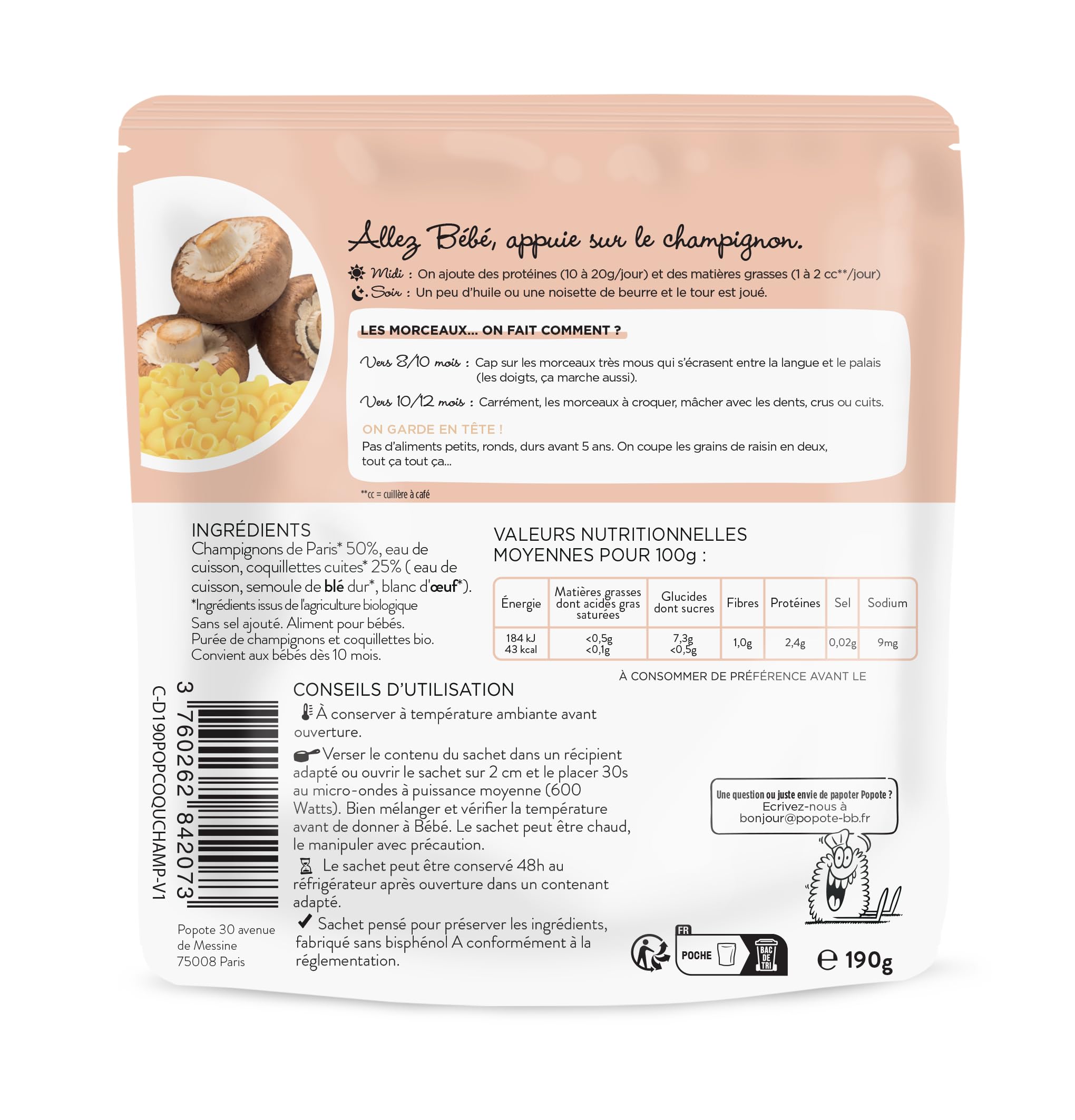POPOTE - Petits Morceaux Champignons Coquillettes Bio - Repas Bébé Dès 10 Mois - Sachet Individuel 190g - Recette Simple et Équilibrée - Format Pratique à Emporter - Pack Familial 10 x 190g