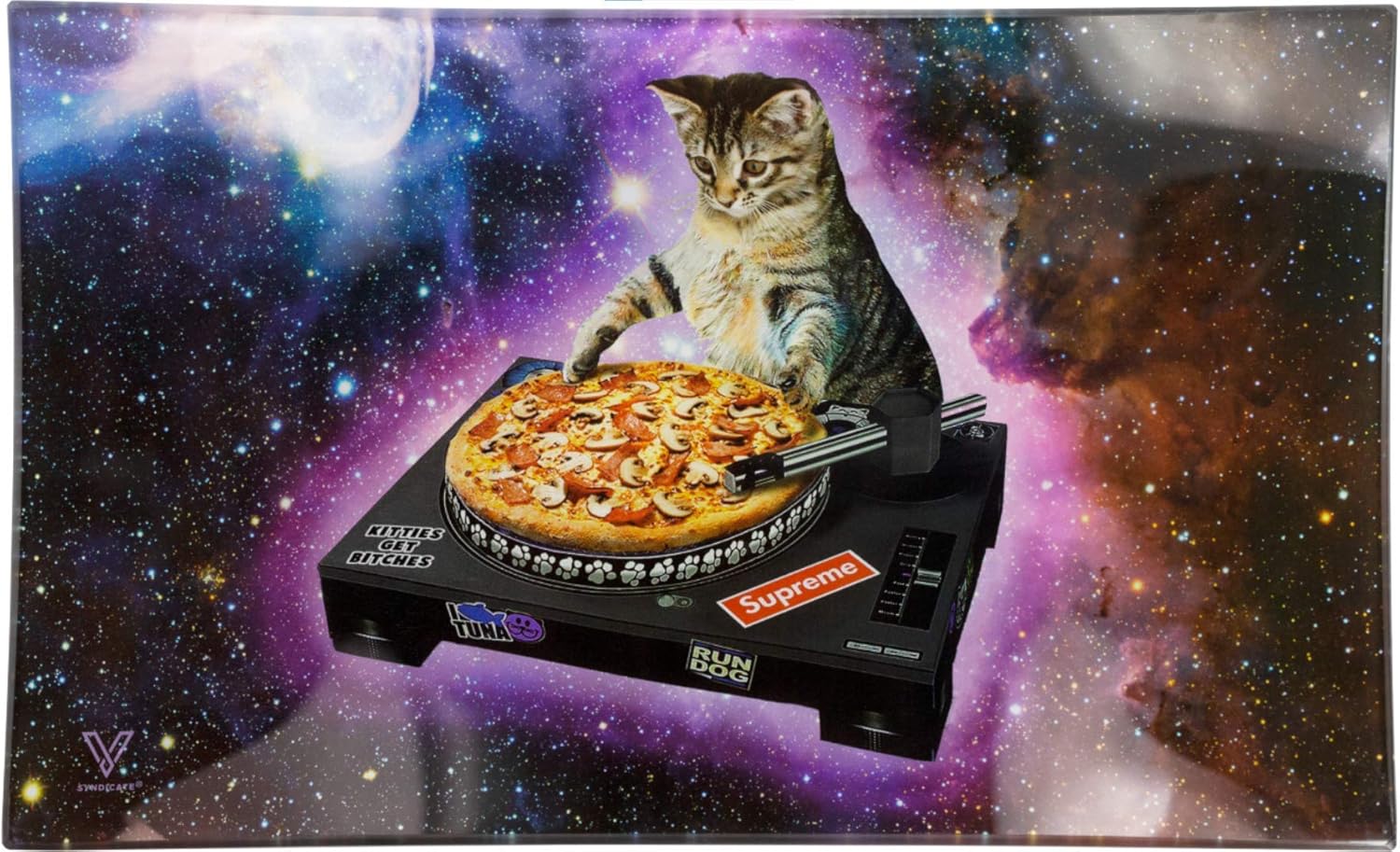V Syndicate - Shatter Resistant Glass Rolling Tray - 10.5 x 6.5 x 1 Inches - Full Color High Resolution Printing - Durable and Stylish Rolling Tray (DJ Cat, Medium)