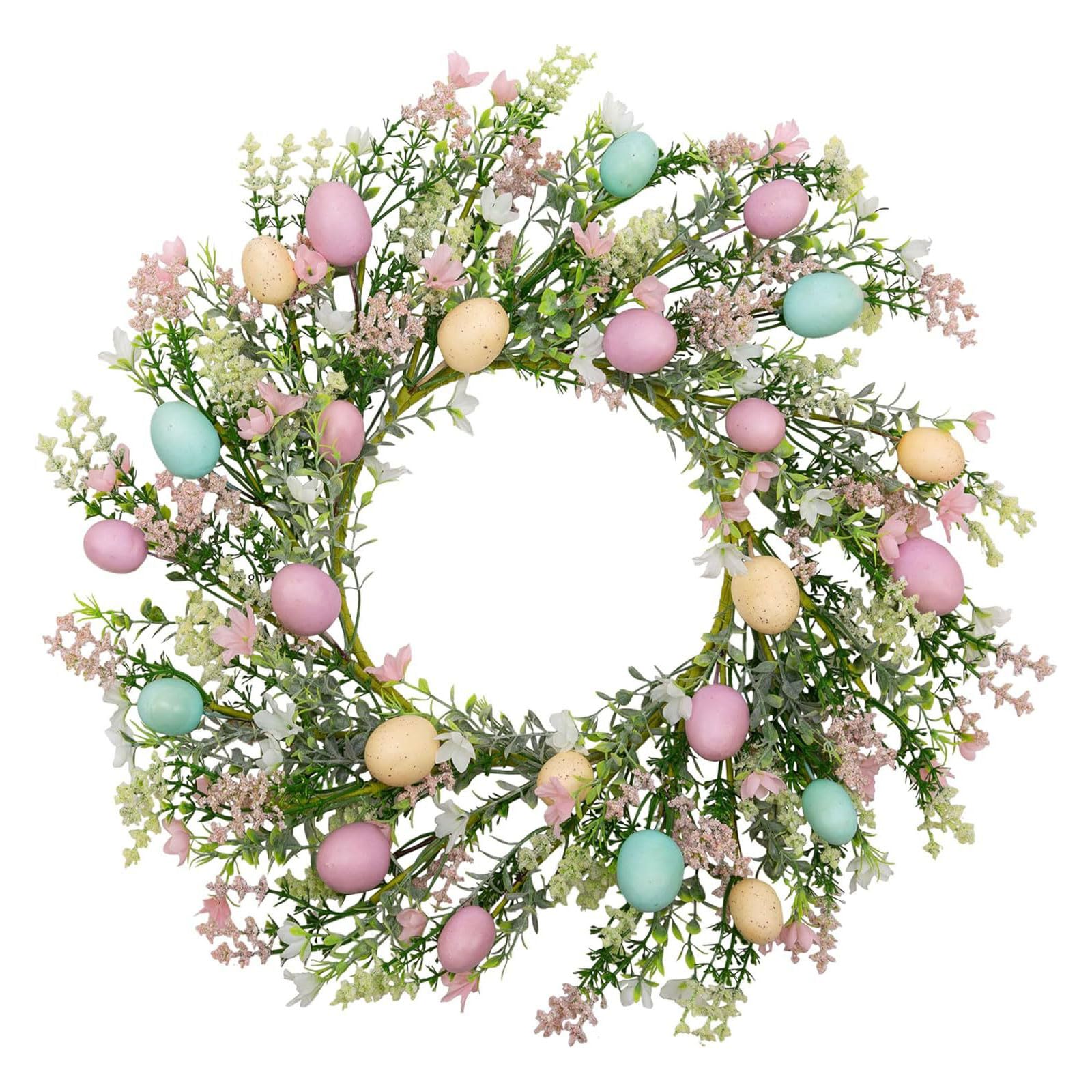 Kalttoy Easter Door Wreath with Artificial Eggs Flower Decoration Garland for Home Spring Party Celebration Large Spring Wreath with Eggs