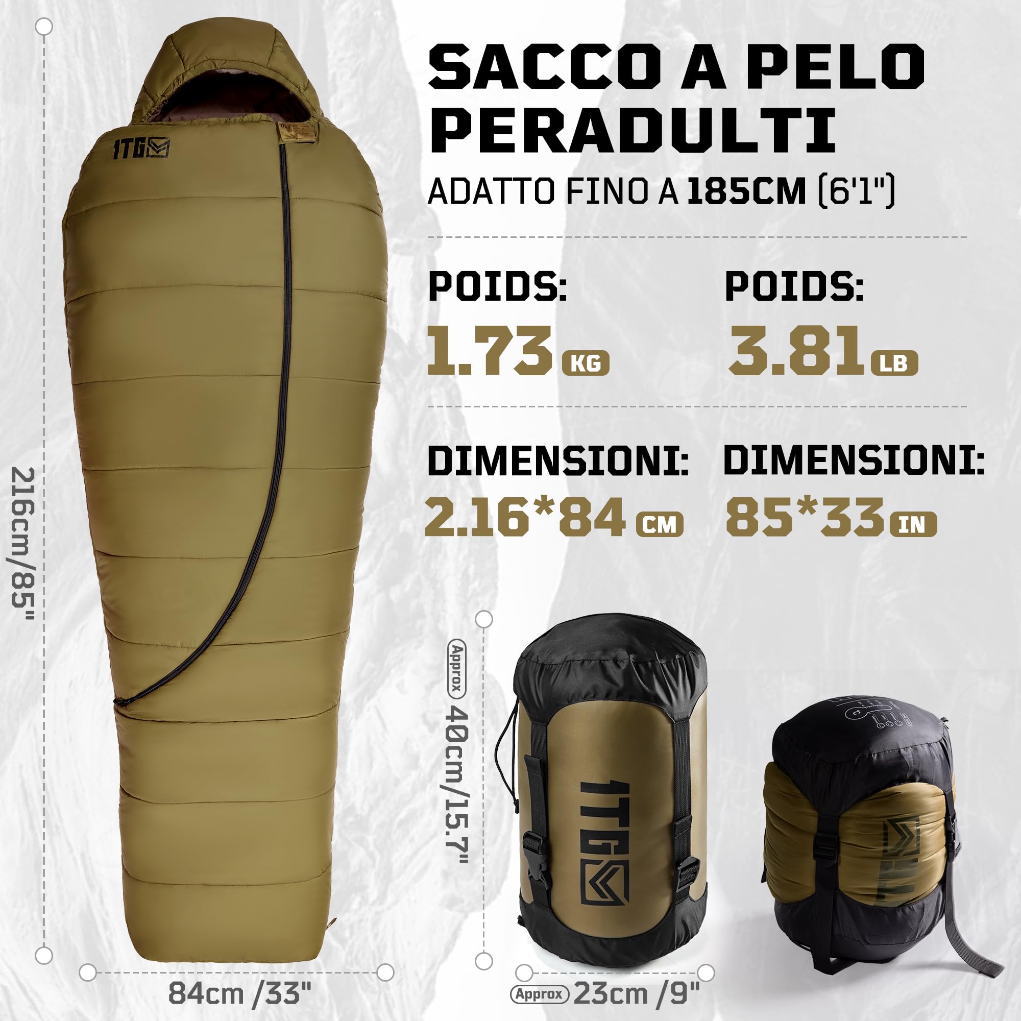 1TG Tactical Śpiwór na 4 pory roku, śpiwór dla dorosłych, kompaktowy i ciepły, do użytku na zewnątrz. Kemping, trekking, podróż (do 185 cm)