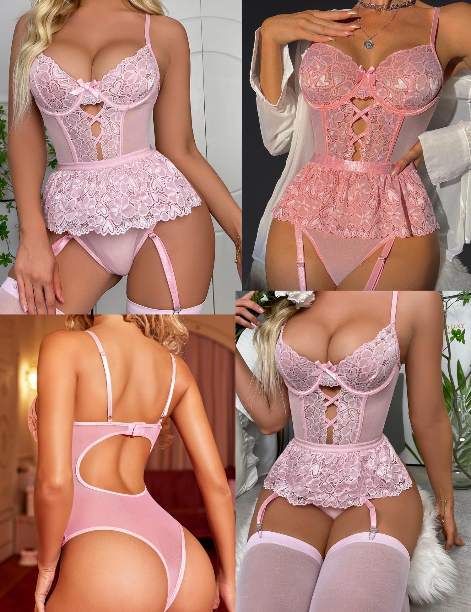 Komplet bielizny Teddy z pończochami, koronkowe body Bielizna na szelkach Bez pleców Przezroczysta siateczka Gorset Bielizna nocna Strappy Babydoll Trykot z głębokim V