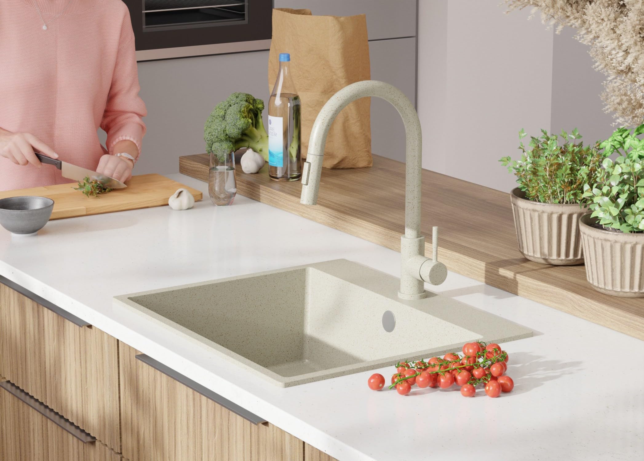 PRIMAGRAN Evier Cuisine en Granit Beige 58x50cm, Lavabo 1 bac + Kit de Vidage, Évier à Encastrer au Meuble 60cm - Riga S310