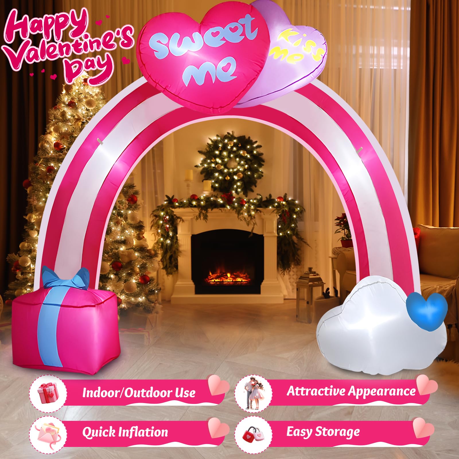 Danxilu 10 FT Valentine Inflatables Outdoor Decorations, Valentines Day Inflatable Rainbow Archway with Love Heart Blow Up Yard Decoration Bulit-in LED Lights Holiday Party Indoor Garden Lawn Décor