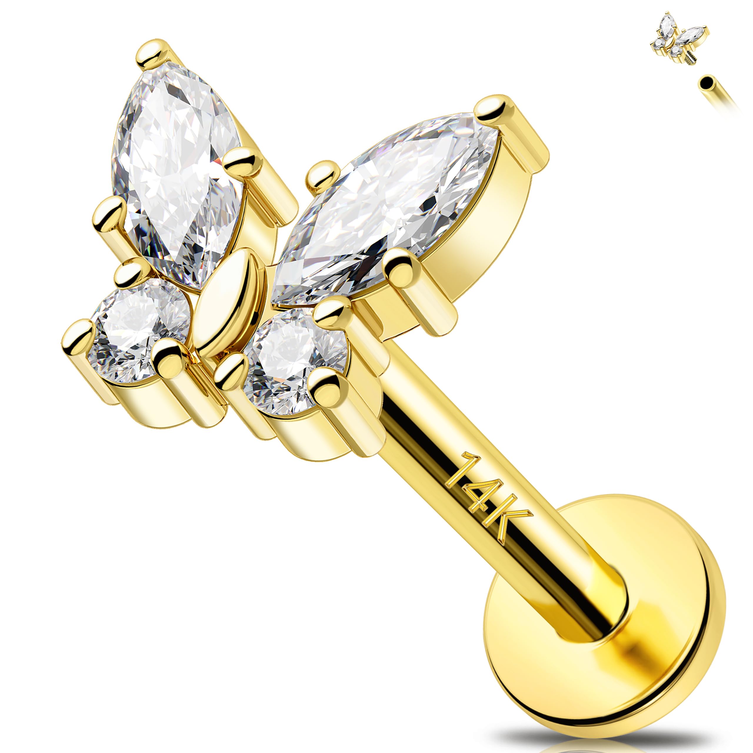 Melighting 14K Gelbgold Knorpel Ohrring Innengewinde Labret Stud Flach Zurück Ohrring CZ Stern Helix Stud Schmetterling Lippen Piercing Schmuck 6MM/8MM