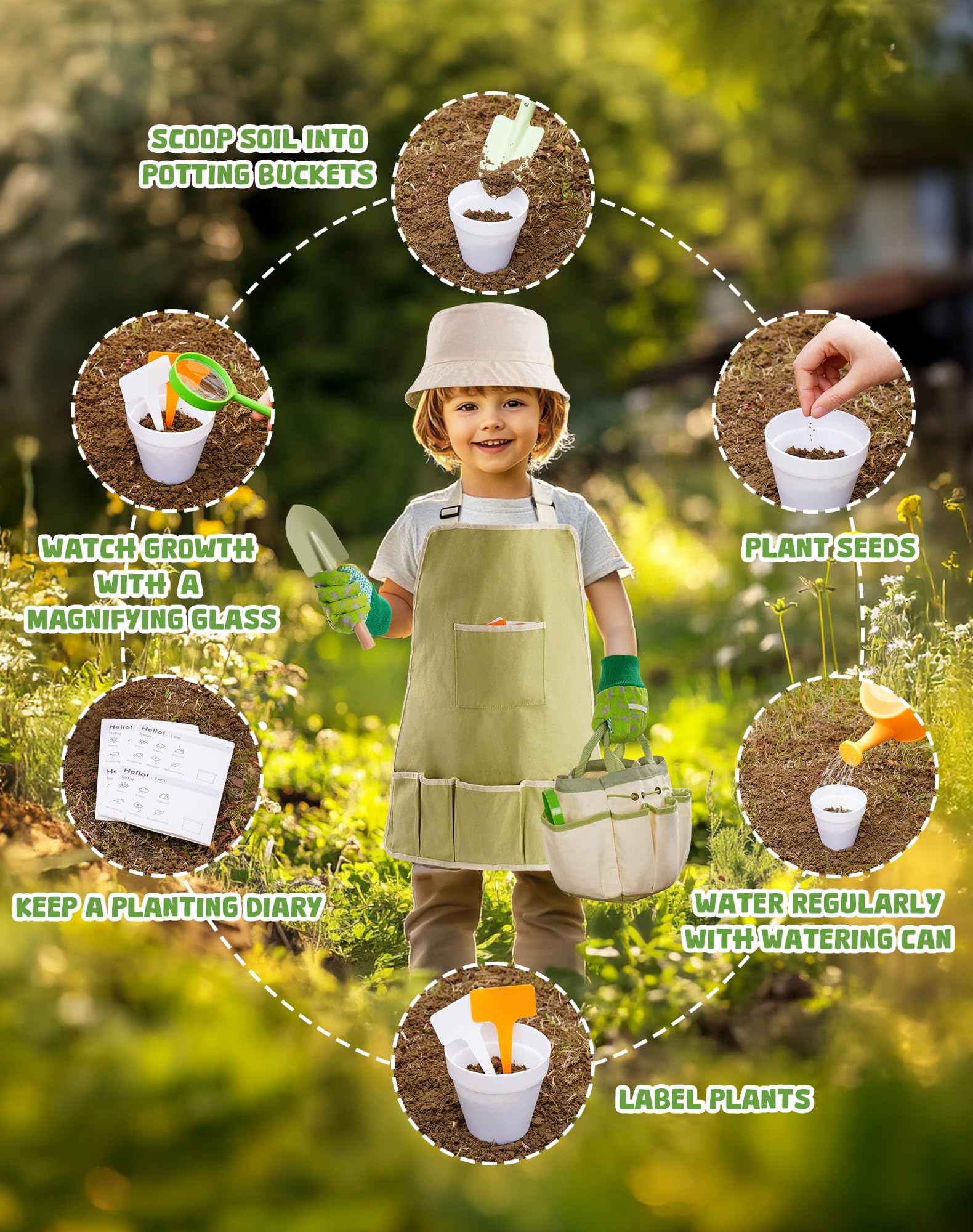 ROBOTIME Set di attrezzi da giardinaggio per bambini, 18 pezzi, kit di attrezzi da giardino per bambini con annaffiatoio, guanti, grembiule e cappelli, borsa degli attrezzi e set di metallo, regalo