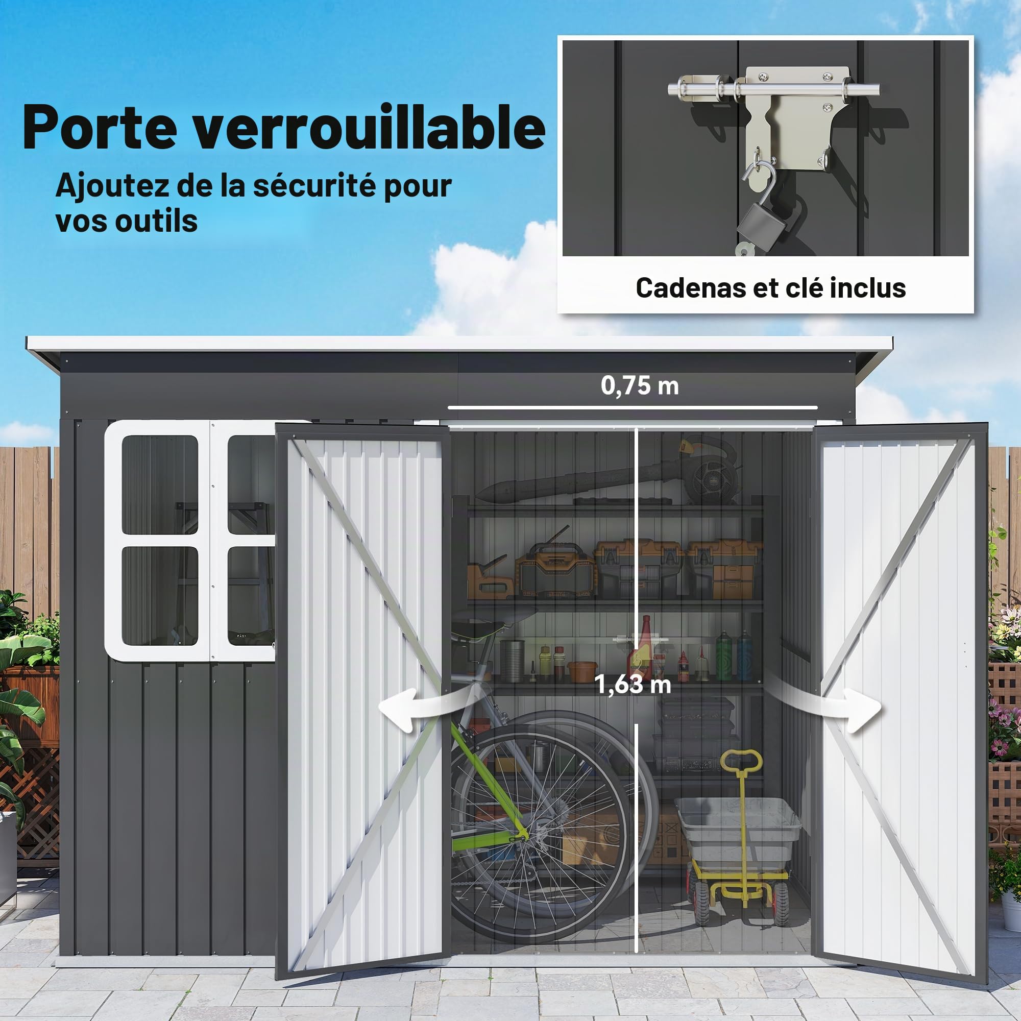 Outsunny Abri de jardin en métal 260 x 177 x 190 cm - 4,13 m² - Avec fenêtre - Toit en appentis - Porte verrouillable - Résistant aux intempéries