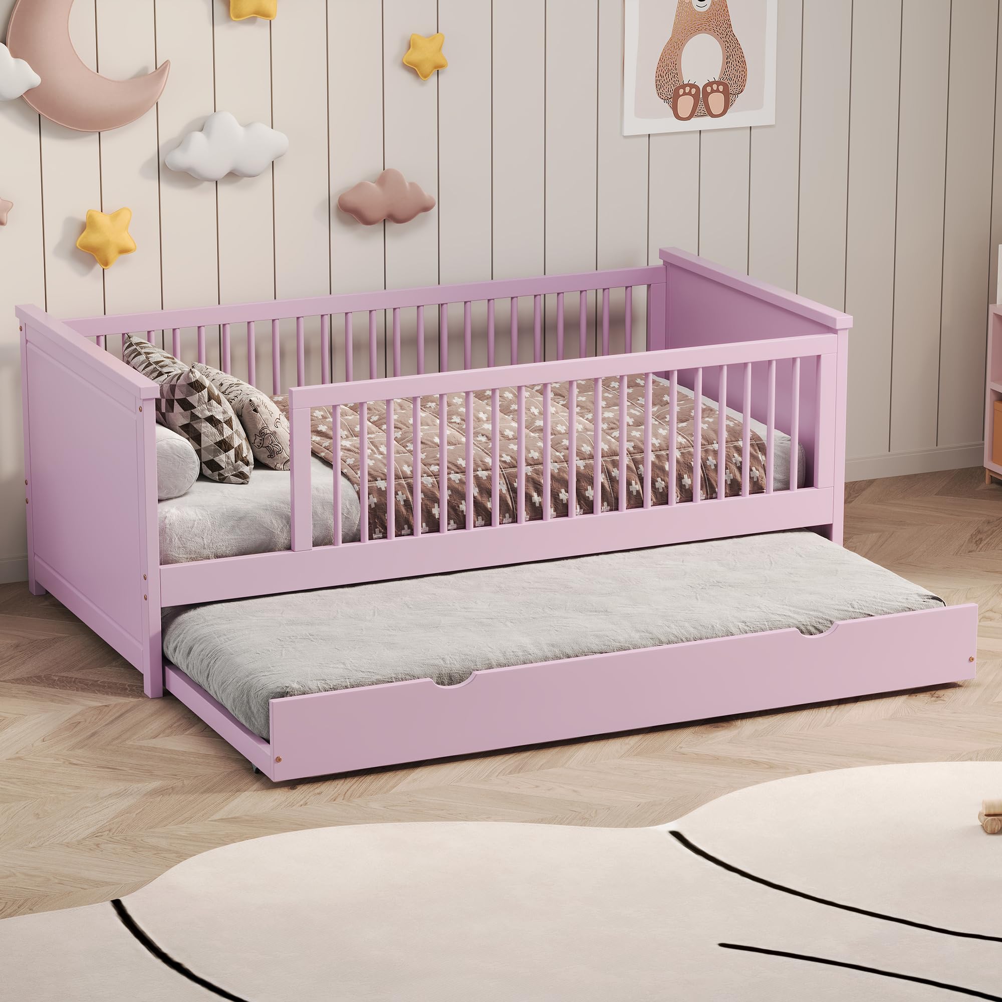 BEDGJH Twin Size Bed Frame, Wood Twin Size Platform Bed with Guardrail and Trundle for Bedroom Living Room Kids Adults, No Box Spring Needed (Pink)