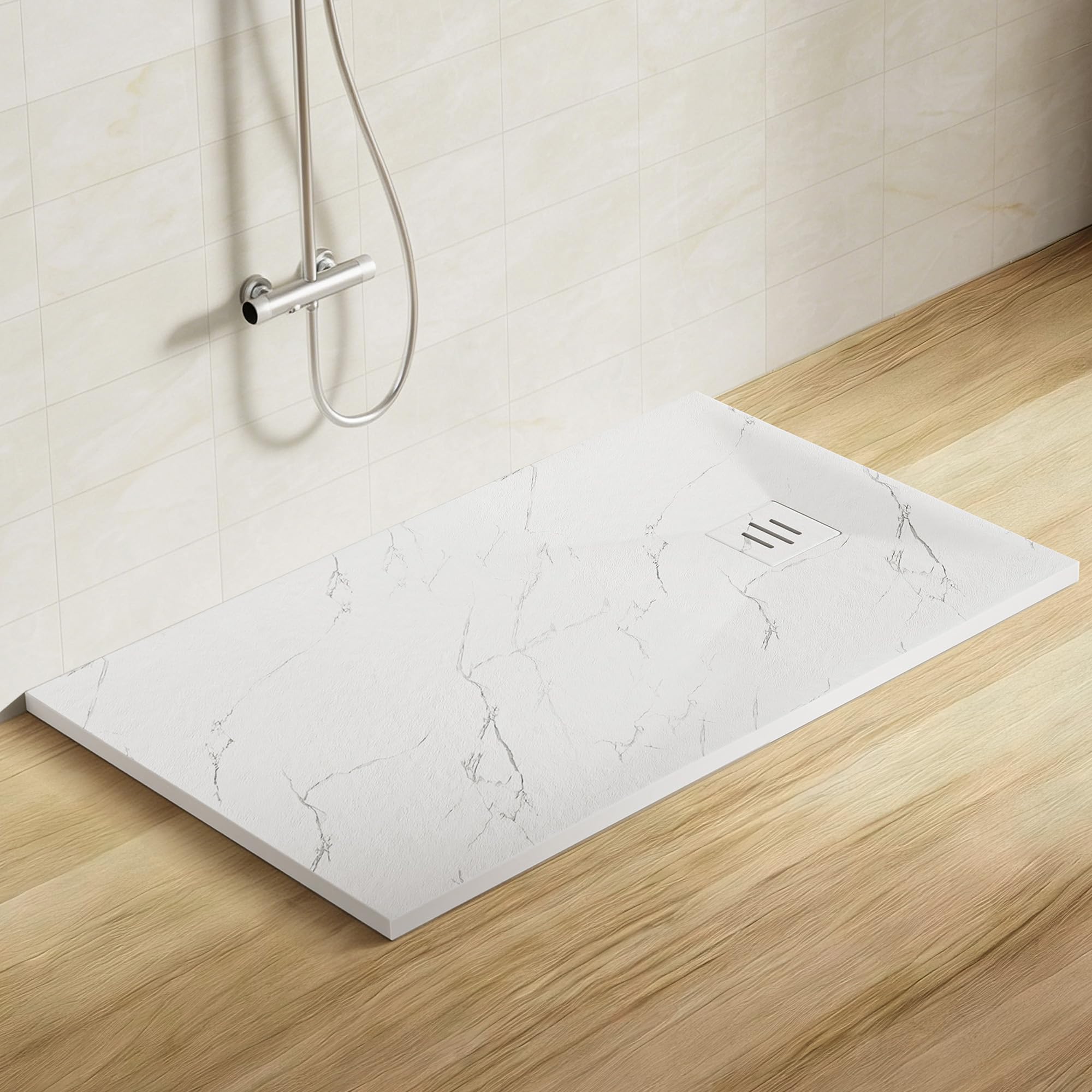 1400 x 700mm Rectangular SMC Shower Base Tray Anti Slip Marble White