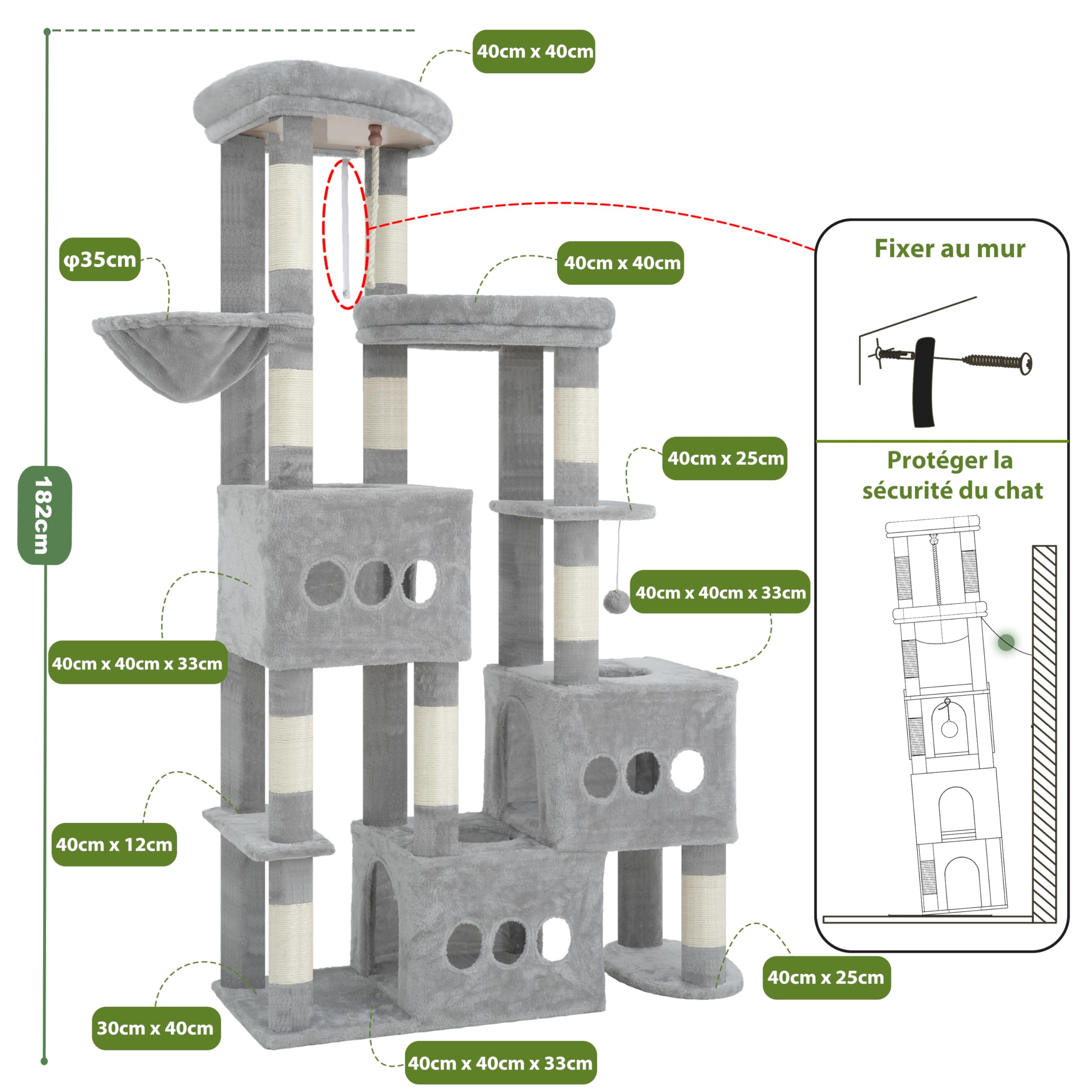 Gitelsnour Arbre à Chat 182 cm pour Grands Chats, Tour pour Chats Stable avec 3 Grandes niches, 3 Plateformes, Panier et 10 poteaux à griffer, idéal pour Famille multichats, Gris Clair GCT036W