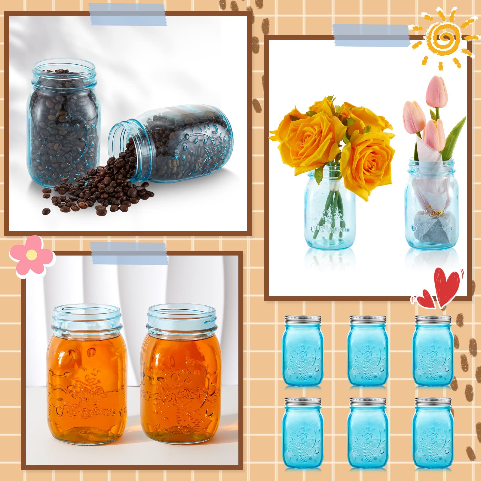 12 Pieces 32 oz Colored Mason Jars Glass Mason Jars with Lids Glass Wide Mouth Canning Jar Mason Jars NOT Allowed Dishwasher (Light Blue)