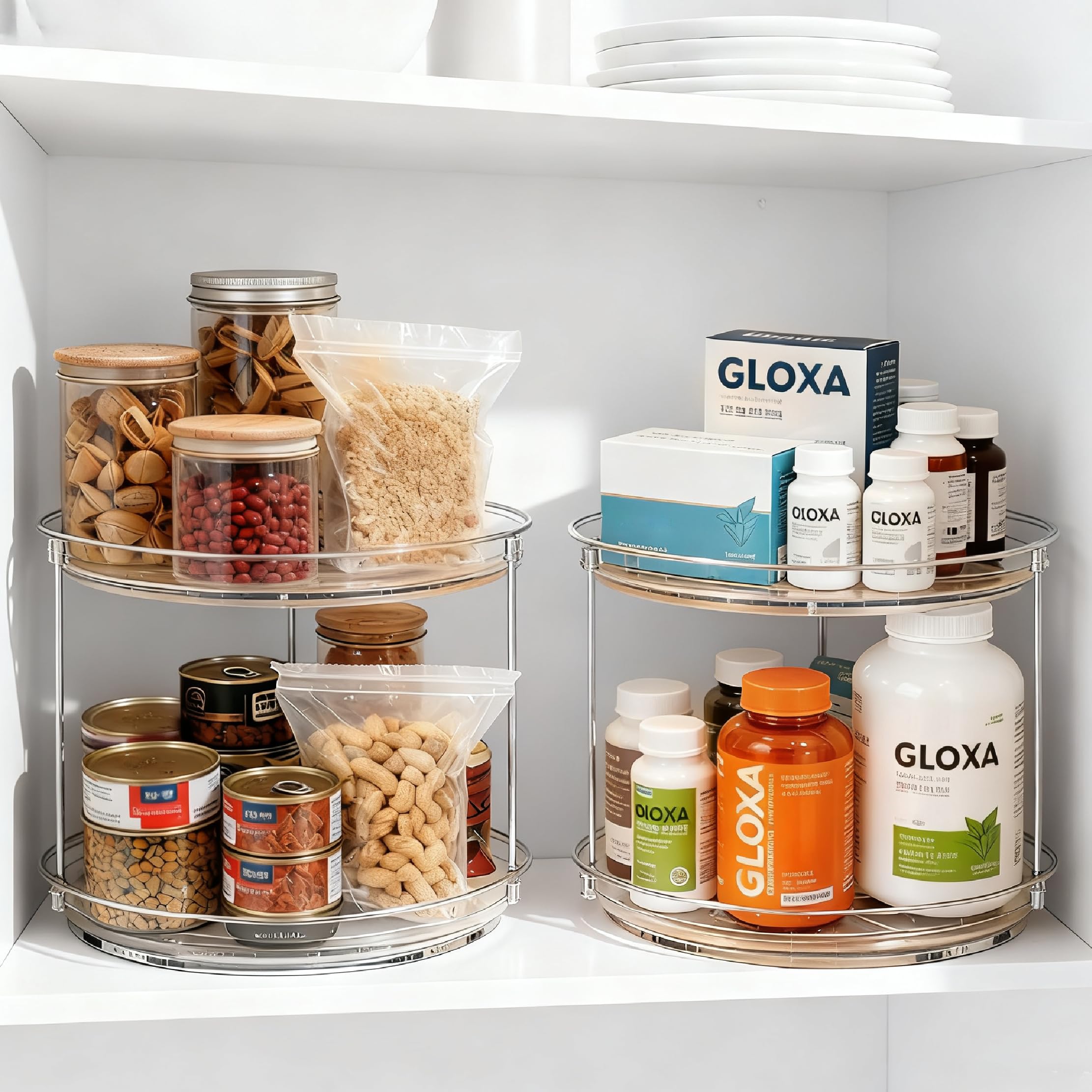 23.5CM Especiero Giratorio 360°, 2 Pisos Lazy Susan Despensa Organizador Especieros para Cocina Giratorio Estante de Plástico para Botellas, Cosmético, Armario, Despensa