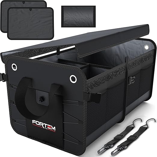 FORTEM SUV Trunk Organizer, Car Organizer, Collapsible Multi-Compartment Storage Bag for Car Accessories for Women Men, Non Slip Bottom, Adjustable Straps, Soft Cover 65L (Large, Black)