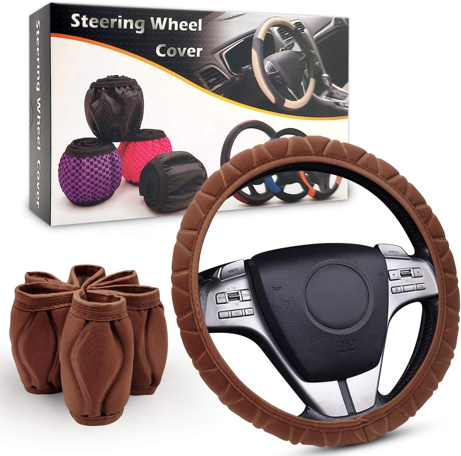 NICEASY 14.5-15 inch Brown Soft Spongy Fabric Steering Wheel Cover for Woman,Girl