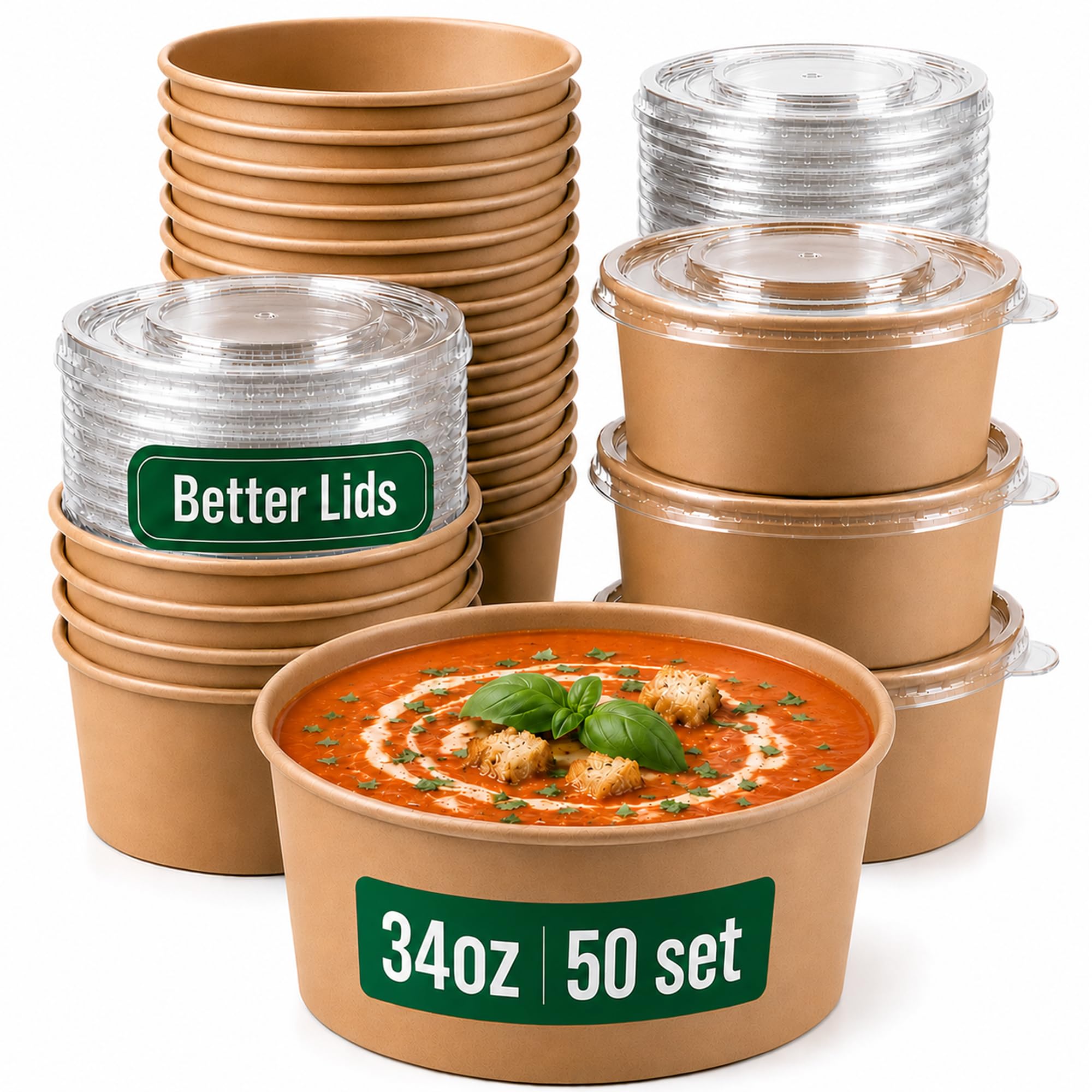 34oz Disposable Bowls with Lids, 50 Pack Paper Soup Salad & Ramen Bowls