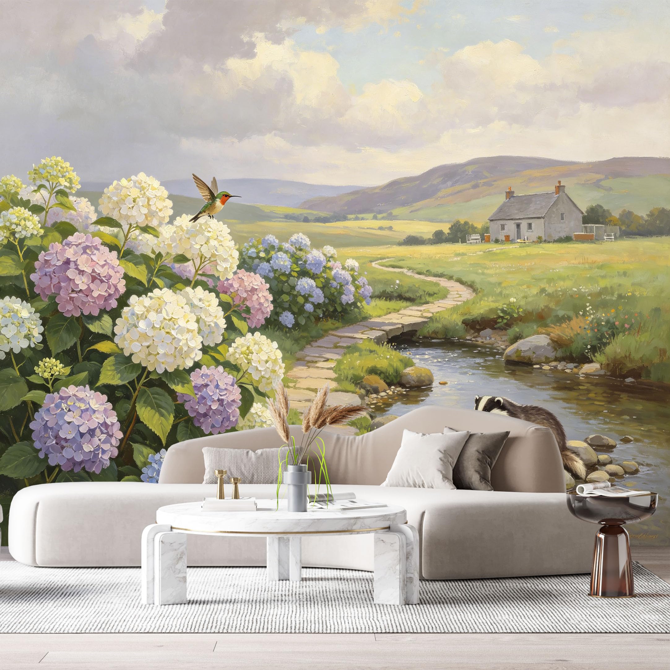 Custom Size Wall Murals Botanical Hydrangea Hummingbird Farmhouse Oil Painting Stream Stone Path Country House SelfAdhesive Wall Fabric Removable Large Wallpaper for Photo Living Room