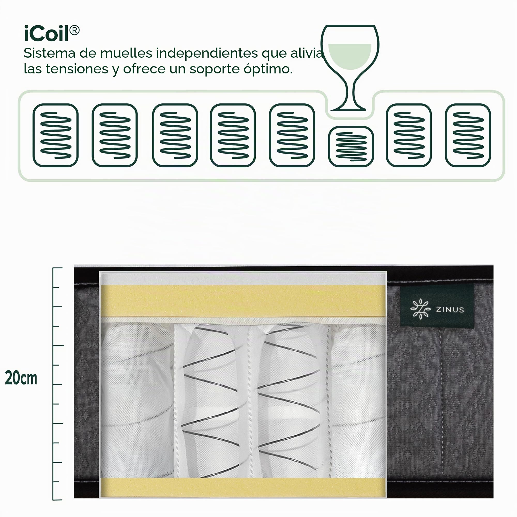 Zinus – Colchón de 90 x 190 – Altura 20 cm – Colchón híbrido de Espuma con Memoria de Forma – Alta Resistencia, Ultra Transpirable, Duradero y Suave para la Piel – Colchón para Cama Adulto y niño