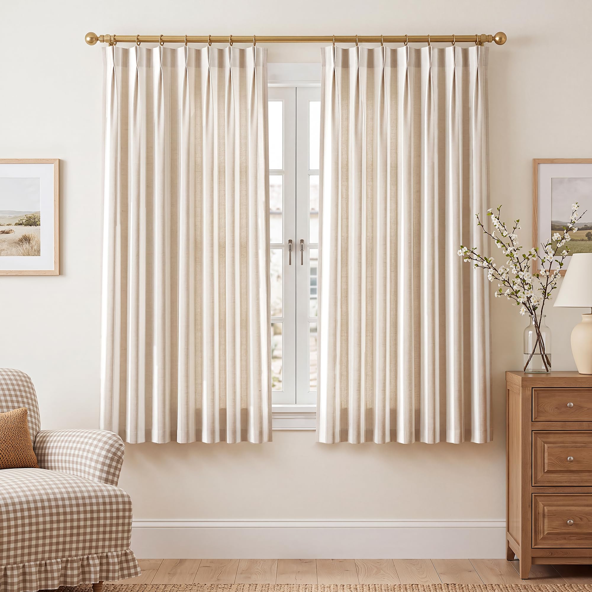 THREE GIRLS Beige Striped Pinch Pleated Curtains 63 Inch, 2 Panels