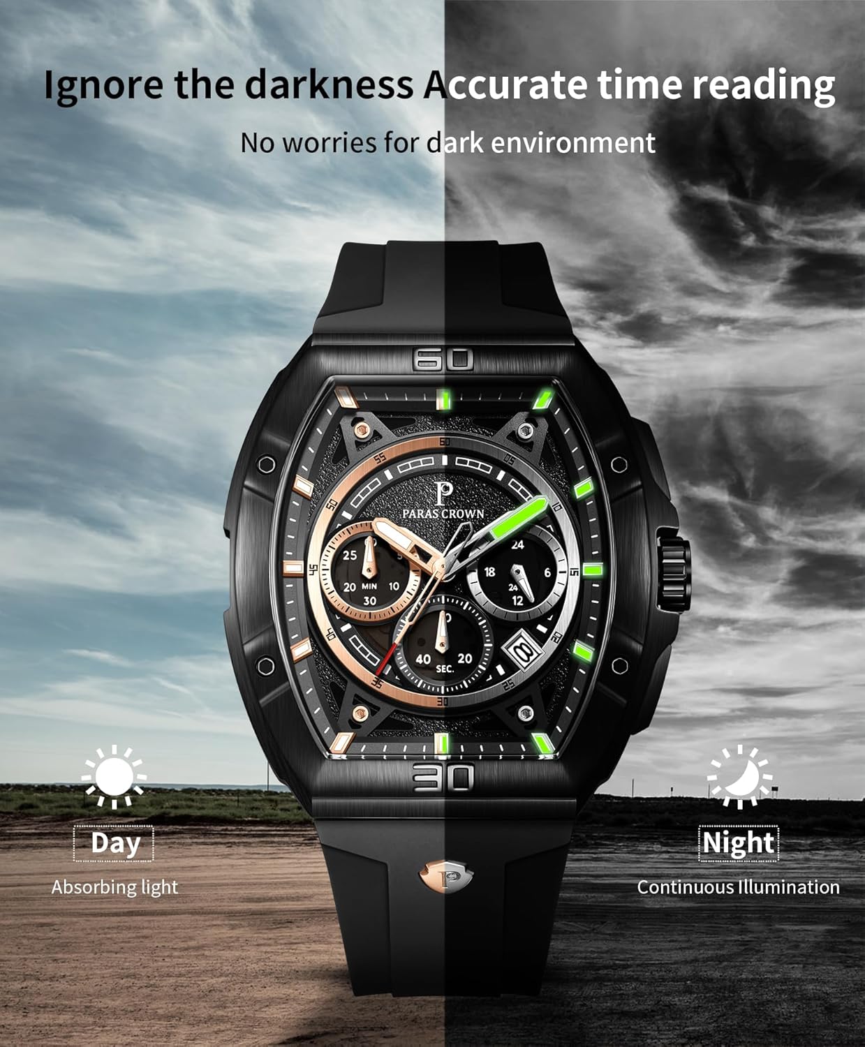 Paras Crown Watches for Men Tonneau 5ATM Waterproof Quartz Luxury Chronograph Analog Men's Wrist Watches Stainless Steel Case Mens Watches - Image 6