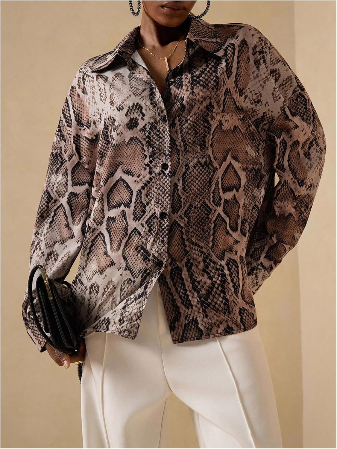 Floerns Women's Snake Print Button Down Shirts Collared Long Sleeve Going Out Blouse Tops - Image 4