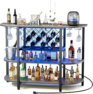 DUMOS Bar Cart with Charging Station, LED Home Bar Cabinet with Storage, 47.24" L x 15.74" D x 35.43" H Metal Wine Cabinet, Liquor Cabinet Table with Glasses Holder and Wine Bottle Holder, Grey
