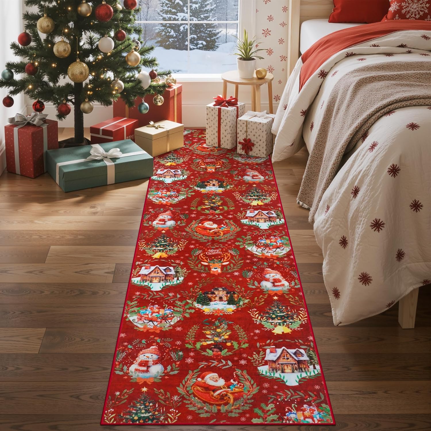 Anidaroel Christmas Runner Rugs for Hallway 2x8, Non Slip Washable Red Kitchen Runner Rug, Low Pile Holiday Xmas Throw Carpet Runner for Entryway Living Room Holiday Decor