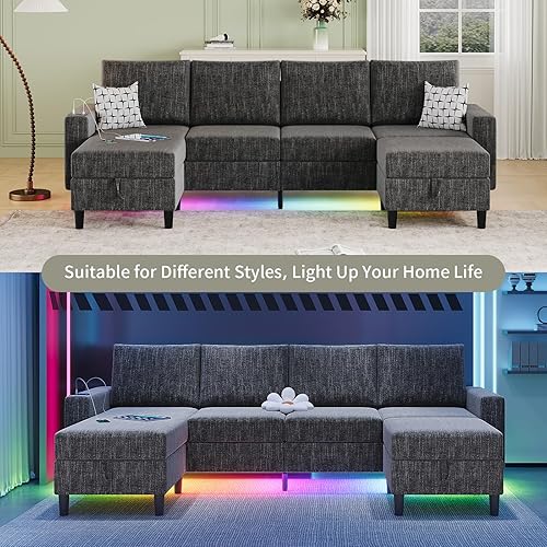 Miniatura 7 de Sofás seccionales para sala de estar, sofá seccional de tela de lino suave de 6 asientos con otomana de almacenamiento, sofá moderno convertible en