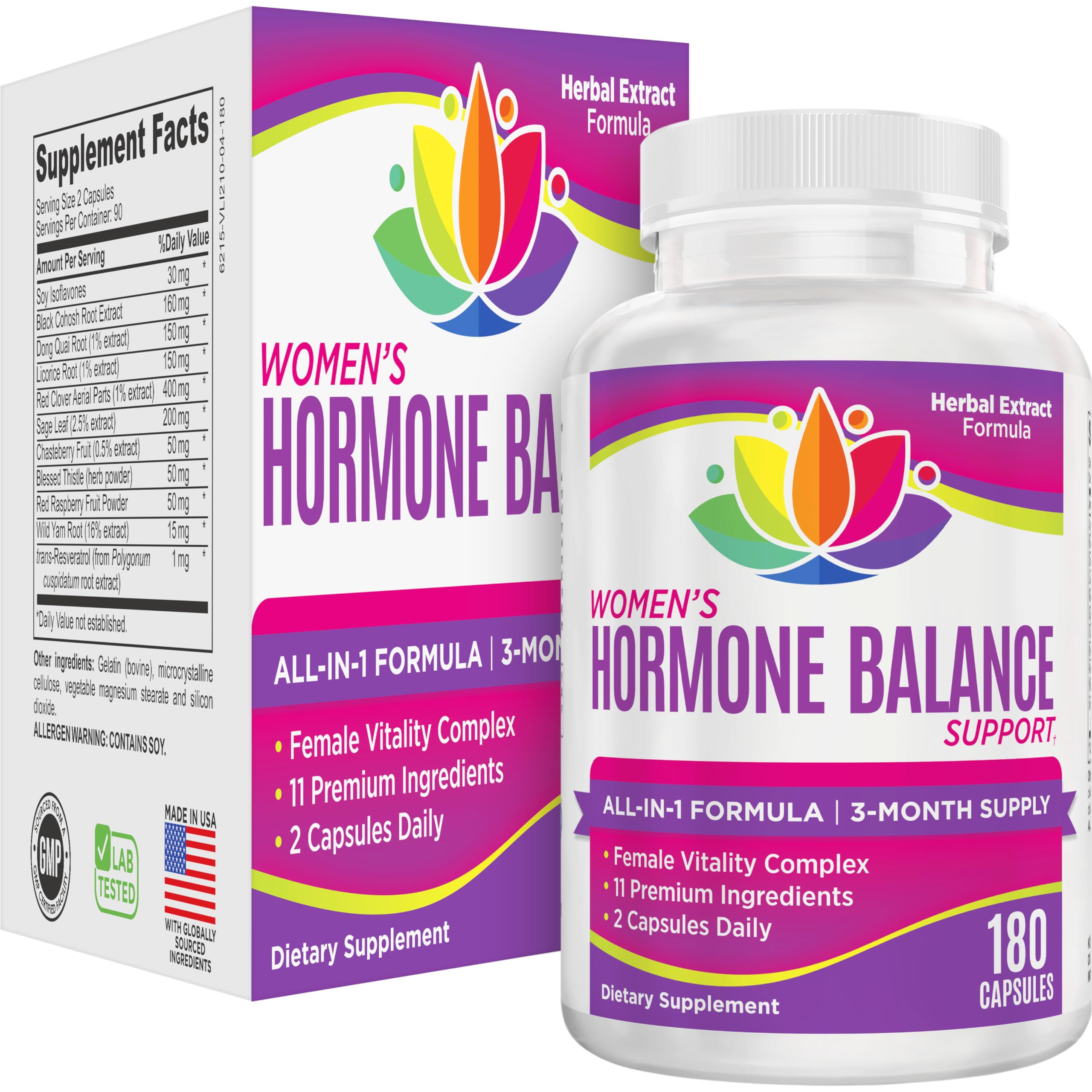 Women's Hormone Support Supplement | 11-in-1 Formula | 3-Month Supply | 180 Capsules