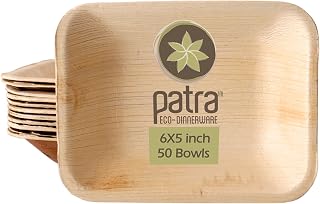 Patra 50pcs 6x5 Inch Rectangular Palm Leaf Disposable Bamboo Bowl Eco Friendly Biodegradable Food Trays 10oz (300ml) - Superior to Paper and Plastic Bowls