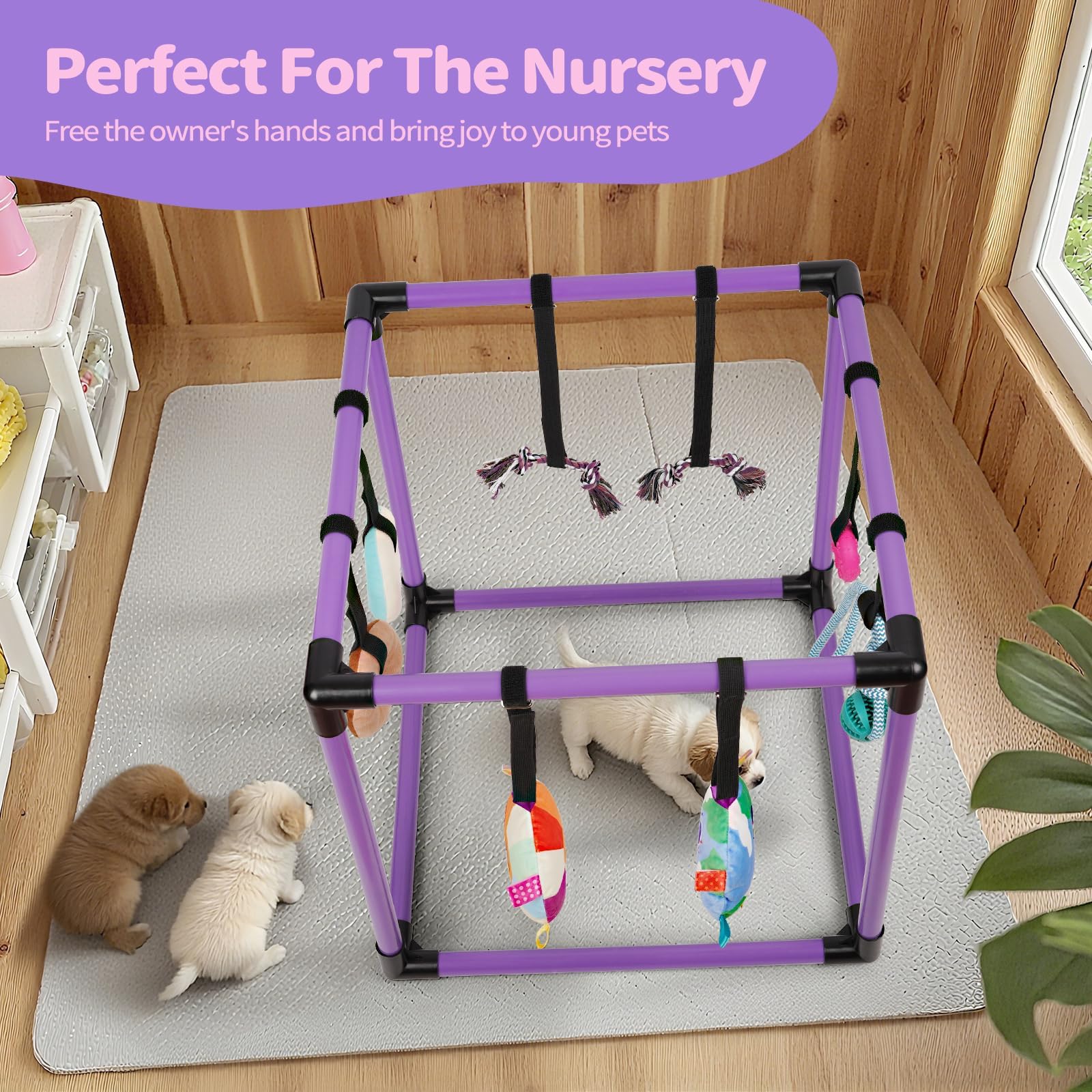 Liitrton Gimnasio de Juego para Cachorros – Gimnasio de Juego para Perros pequeños con 8 Juguetes Colgantes, Gimnasio Interior de la Selva con Juguetes interactivos de enriquecimiento para Perros | Marco de PVC de 19.5 x 19.5 x 19.5 pulgadas, gimnasio int
