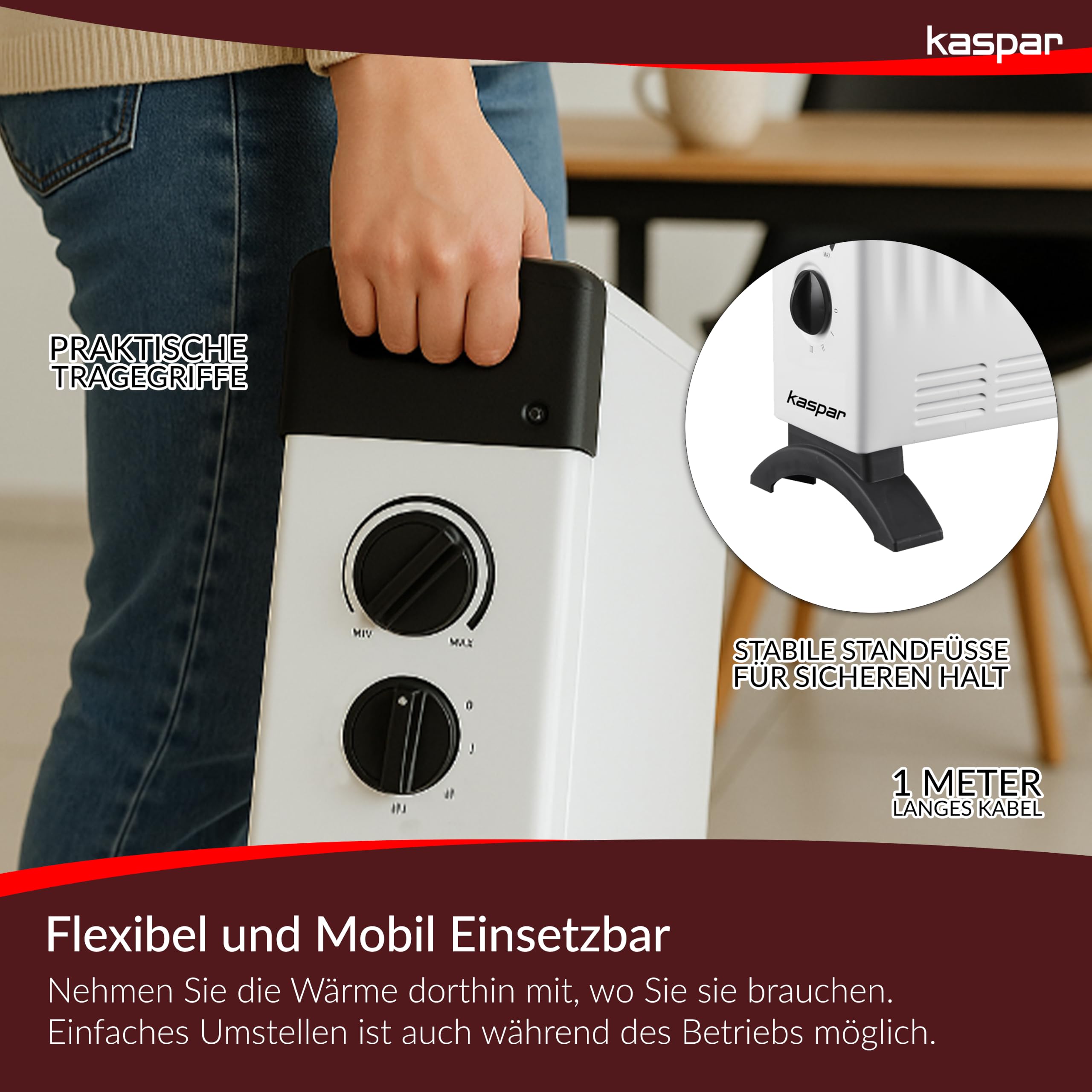 KASPAR Convector Dispositivo de calefacción, radiador con termostato y 3 modos de calor, 750, 1250, 2000 W, calefacción eléctrica, blanco