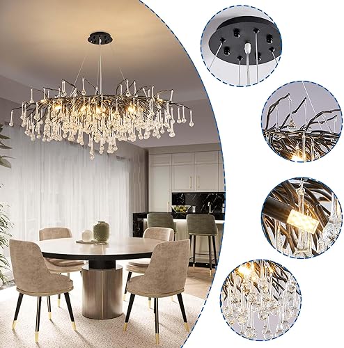 Miniatura 98 de Candelabro moderno de ramas de árbol de cristal, color negro, 40 pulgadas, Art Deco Rectángulo Lineal con gotas de lluvia para interiores, comedor